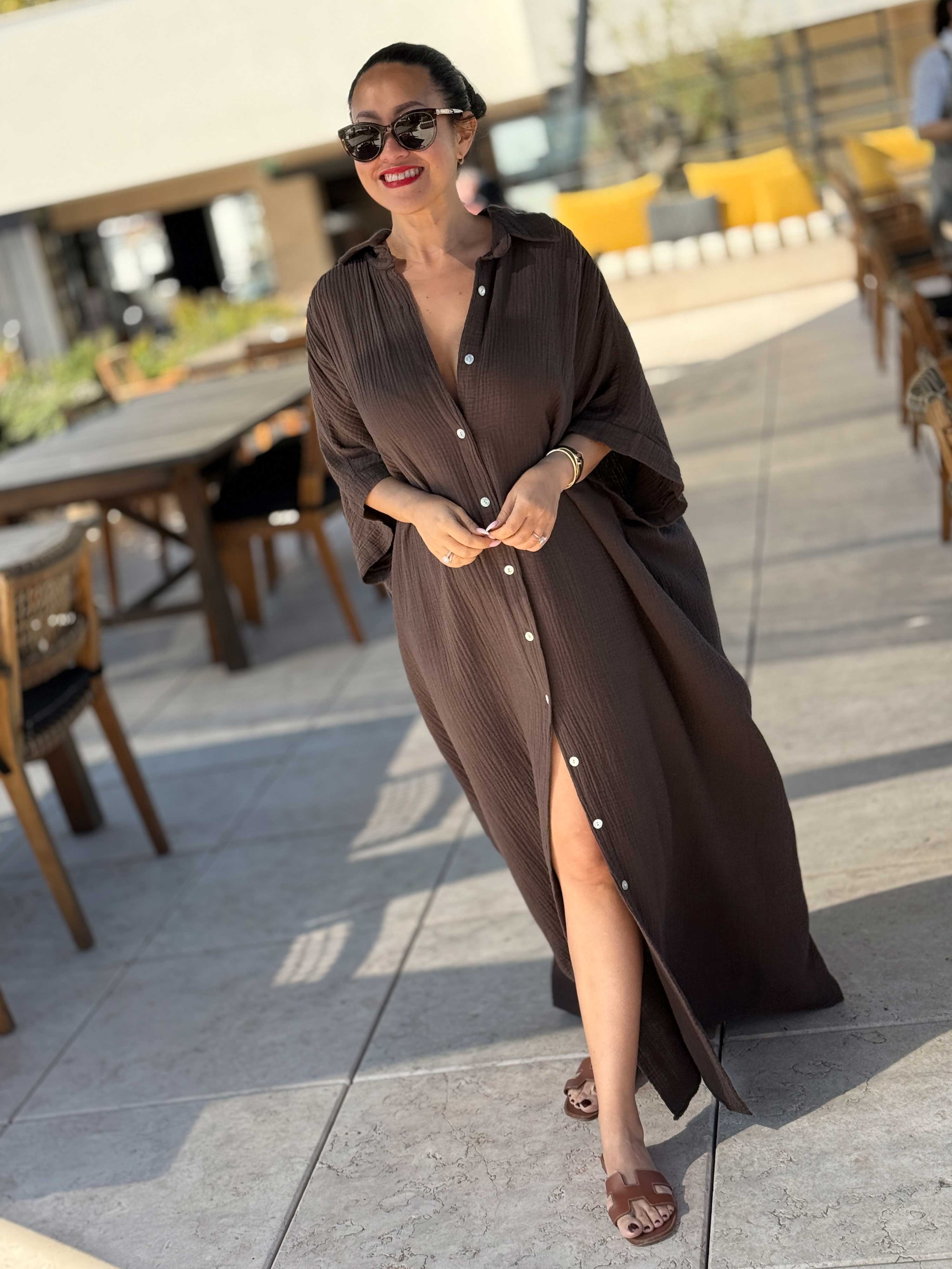 Musselin Oversize Kurzarm Blusenkleid - CAPRI - Schoko