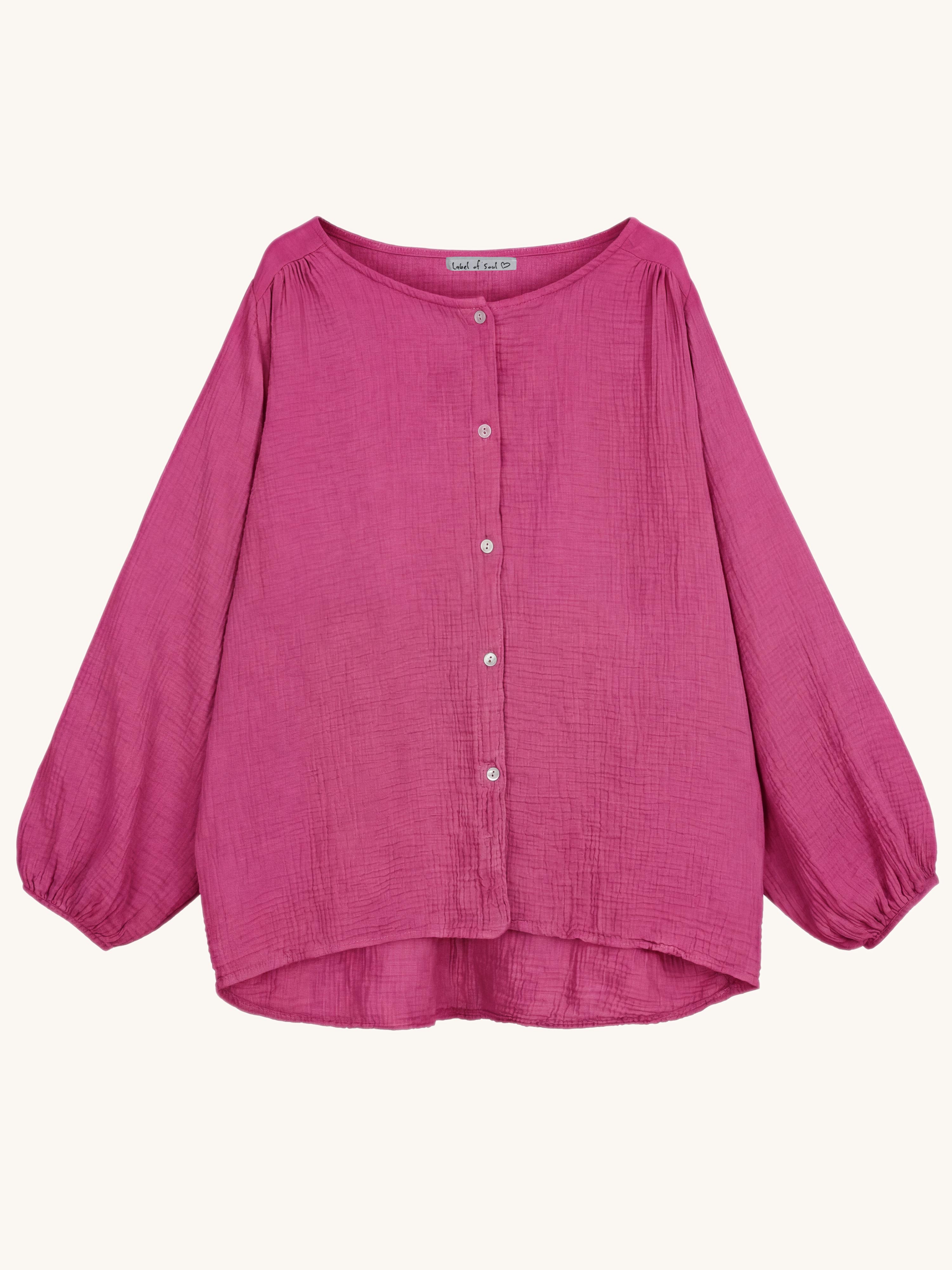Musselin Oversize Bluse mit Rundhalsausschnitt - Magenta