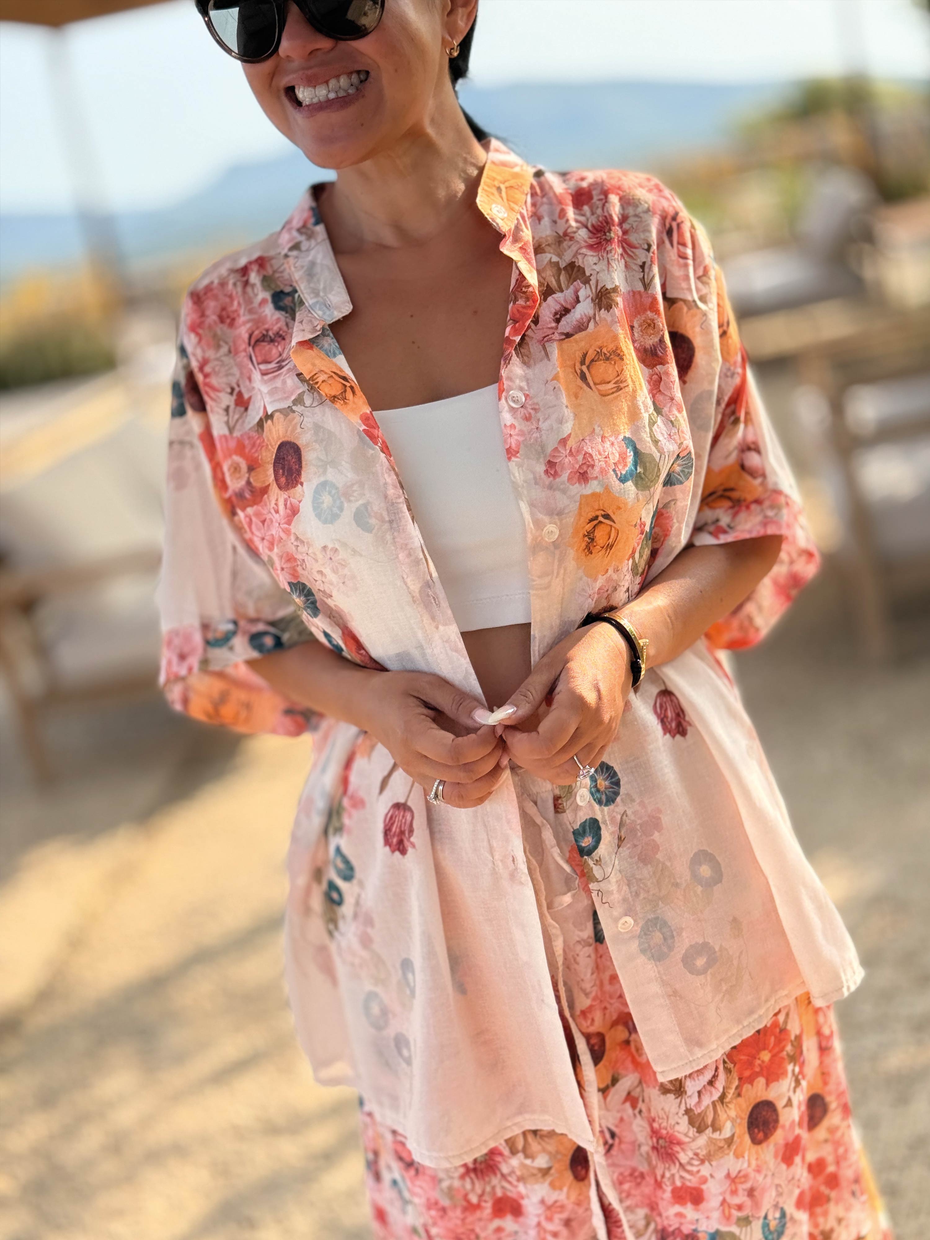 Cotton Oversize Kurzarm Bluse Midi - MILLE FLEURS - Creme