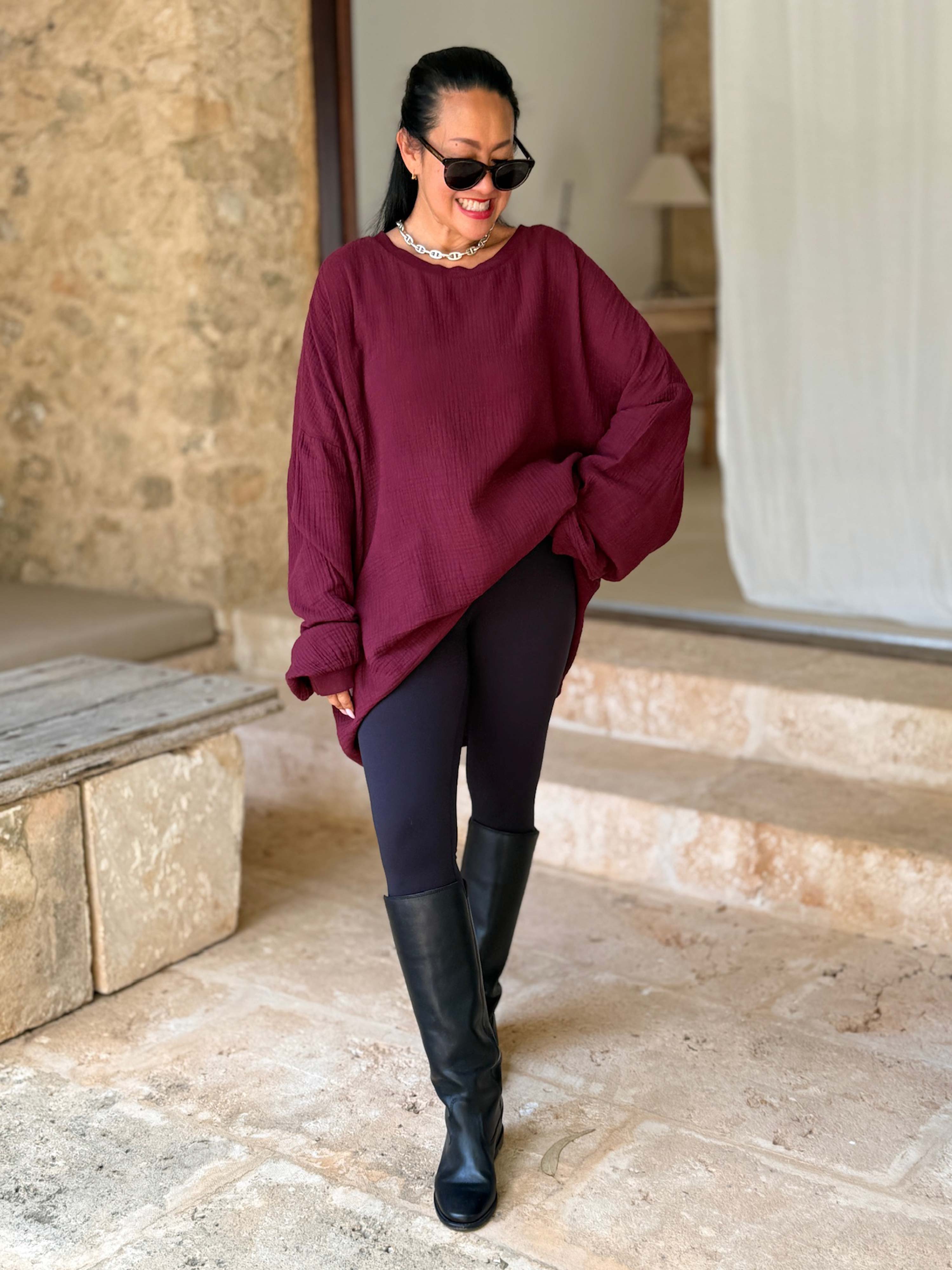 Musselin Oversize Sweatshirt - Burgunder