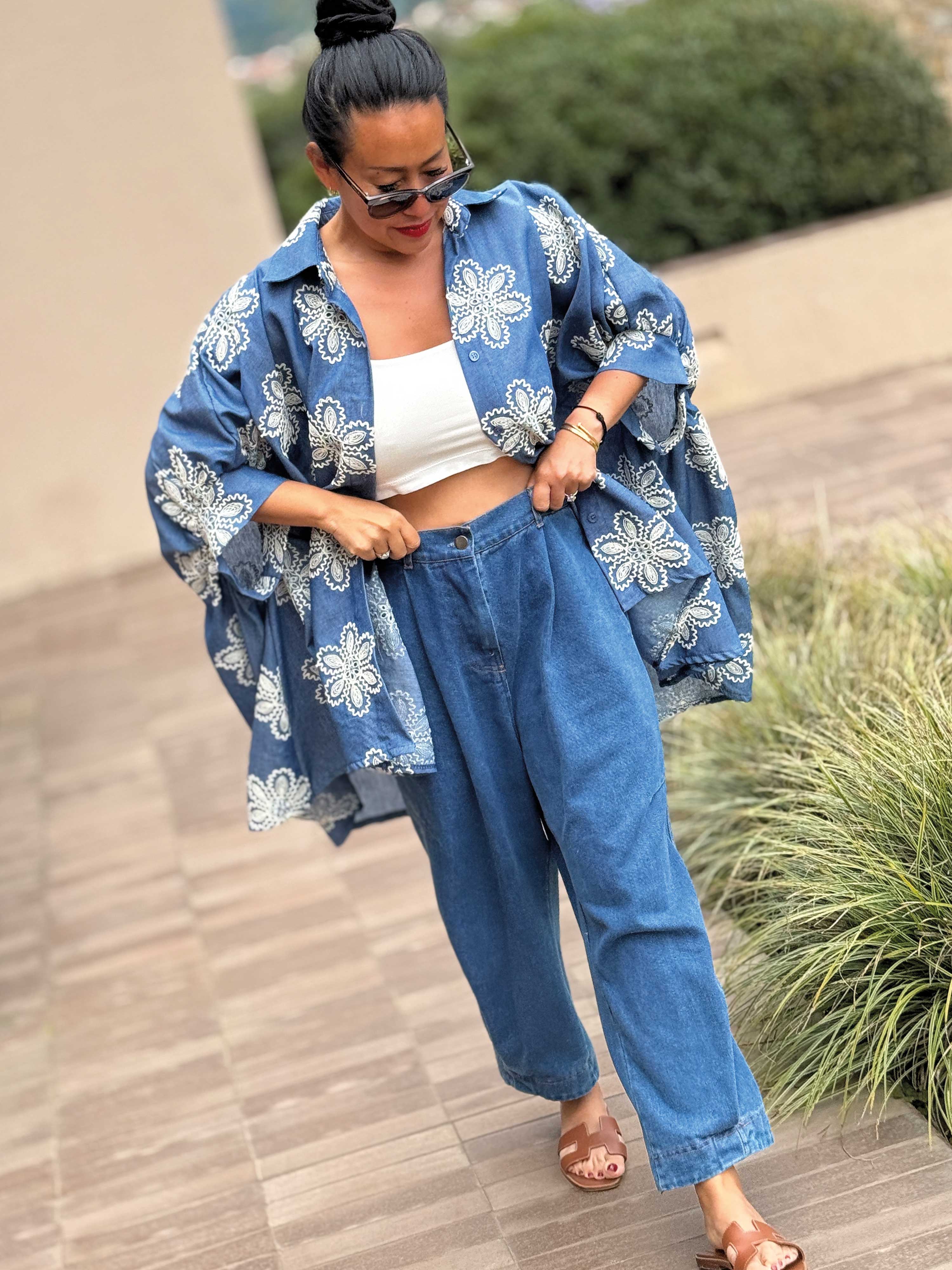 Vokuhila Oversize Kurzarm Bluse - Denim Blue Vokuhila Oversize Kurzarm Bluse - Denim Blue