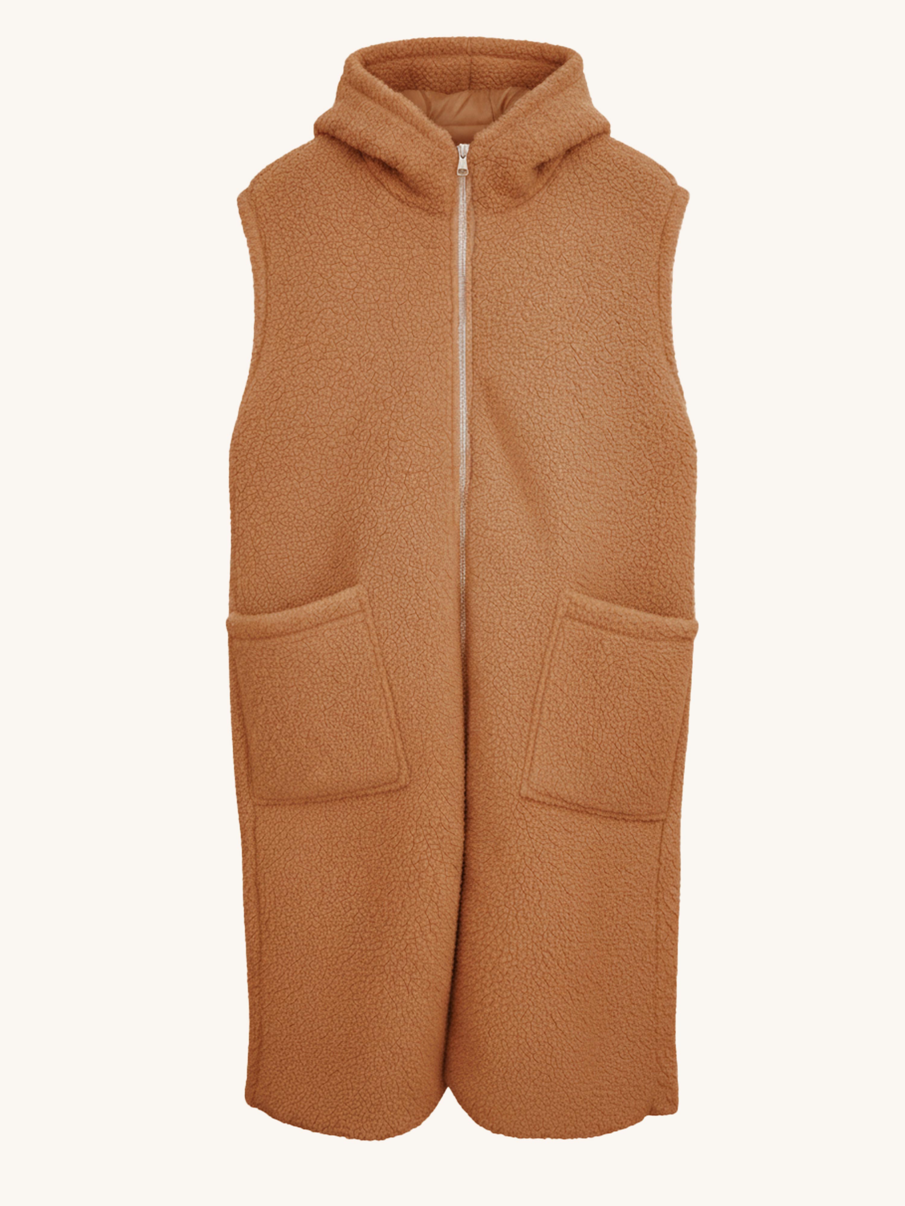 Teddylook Long Weste mit Kapuze - Camel