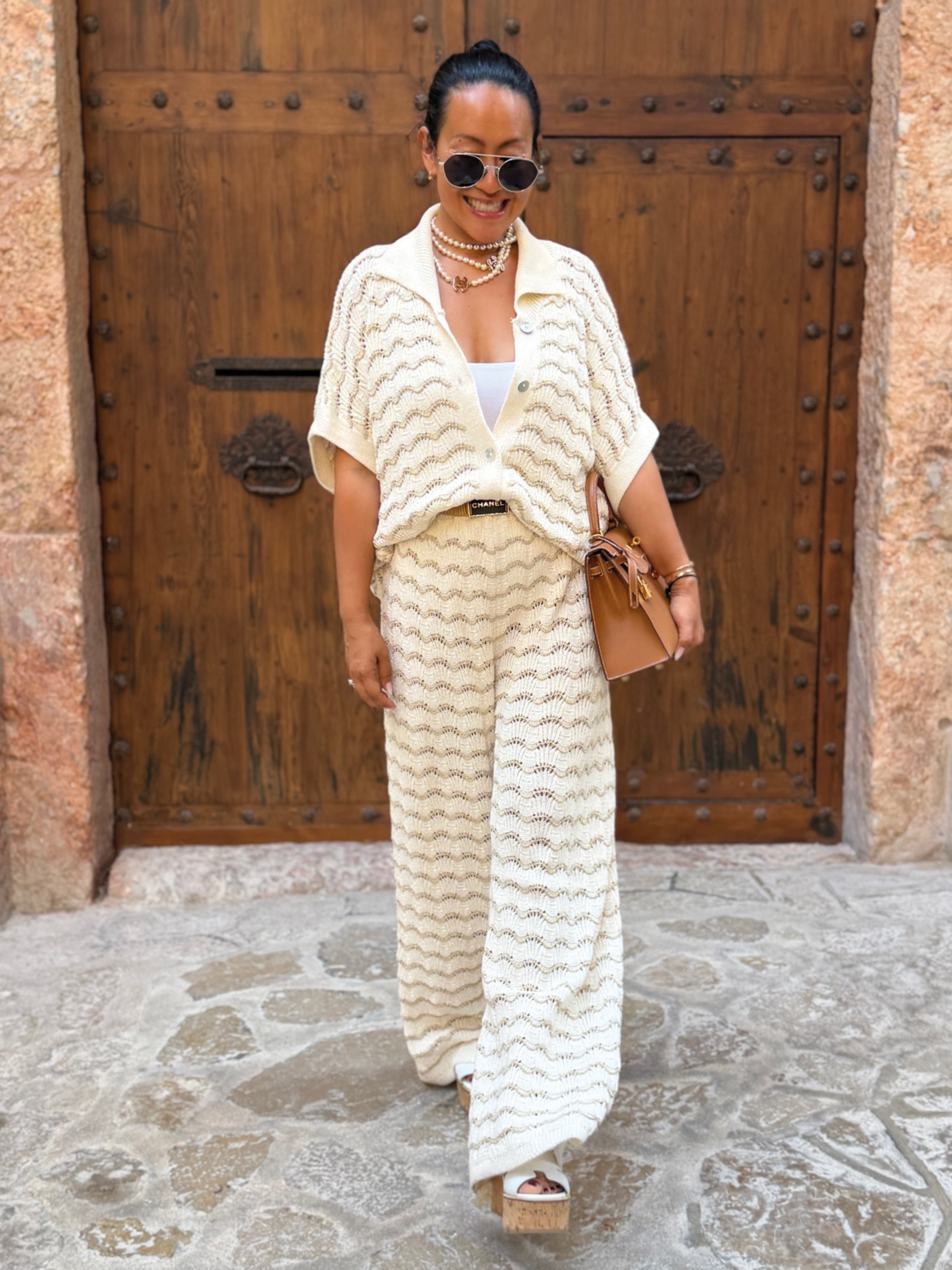 Oversize Kurzarm Häkel Hemd MANACOR - Creme/Gold