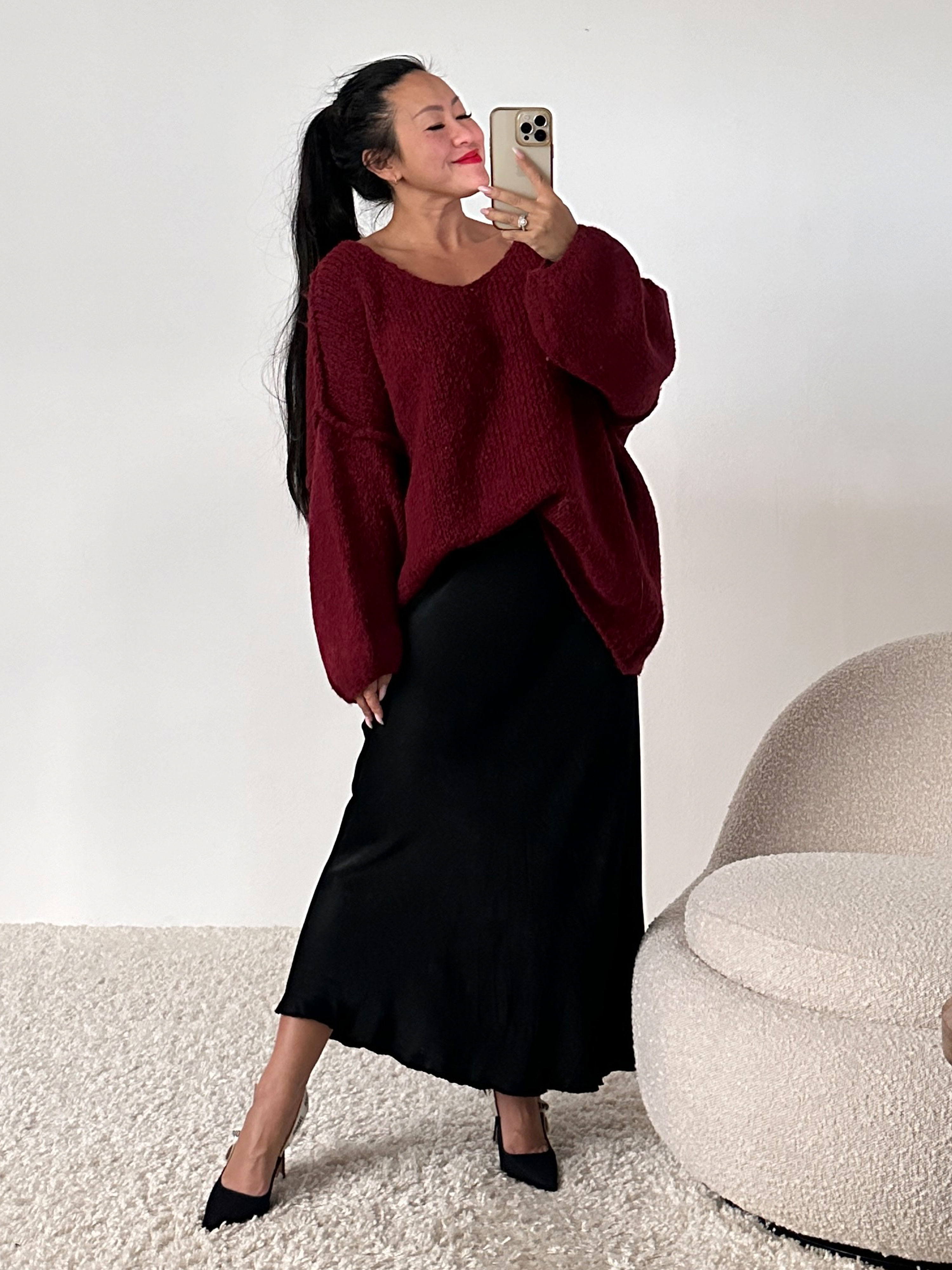 Oversize Strickpullover mit V-Ausschnitt - FLAUSCHI - Bordeaux