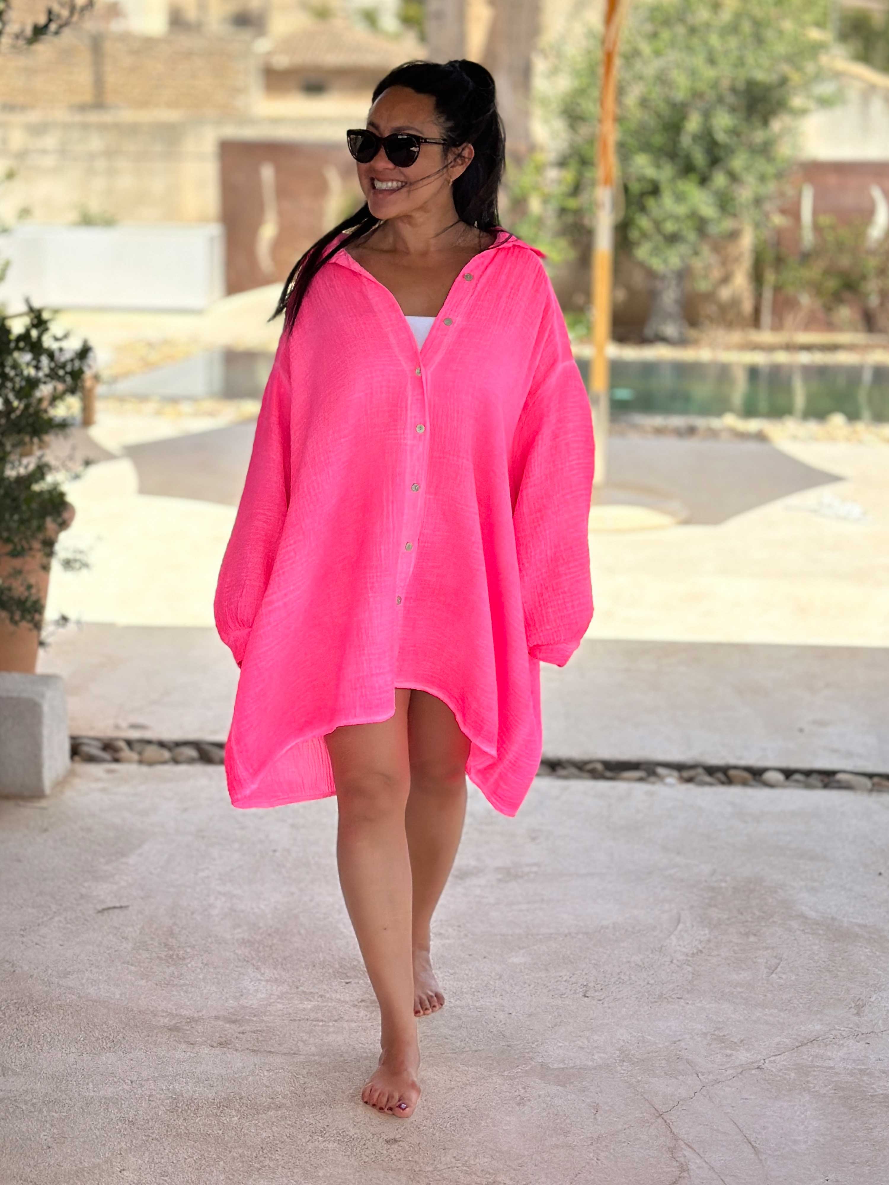 Musselin Long Oversize Bluse - Must Have - Neon Pink