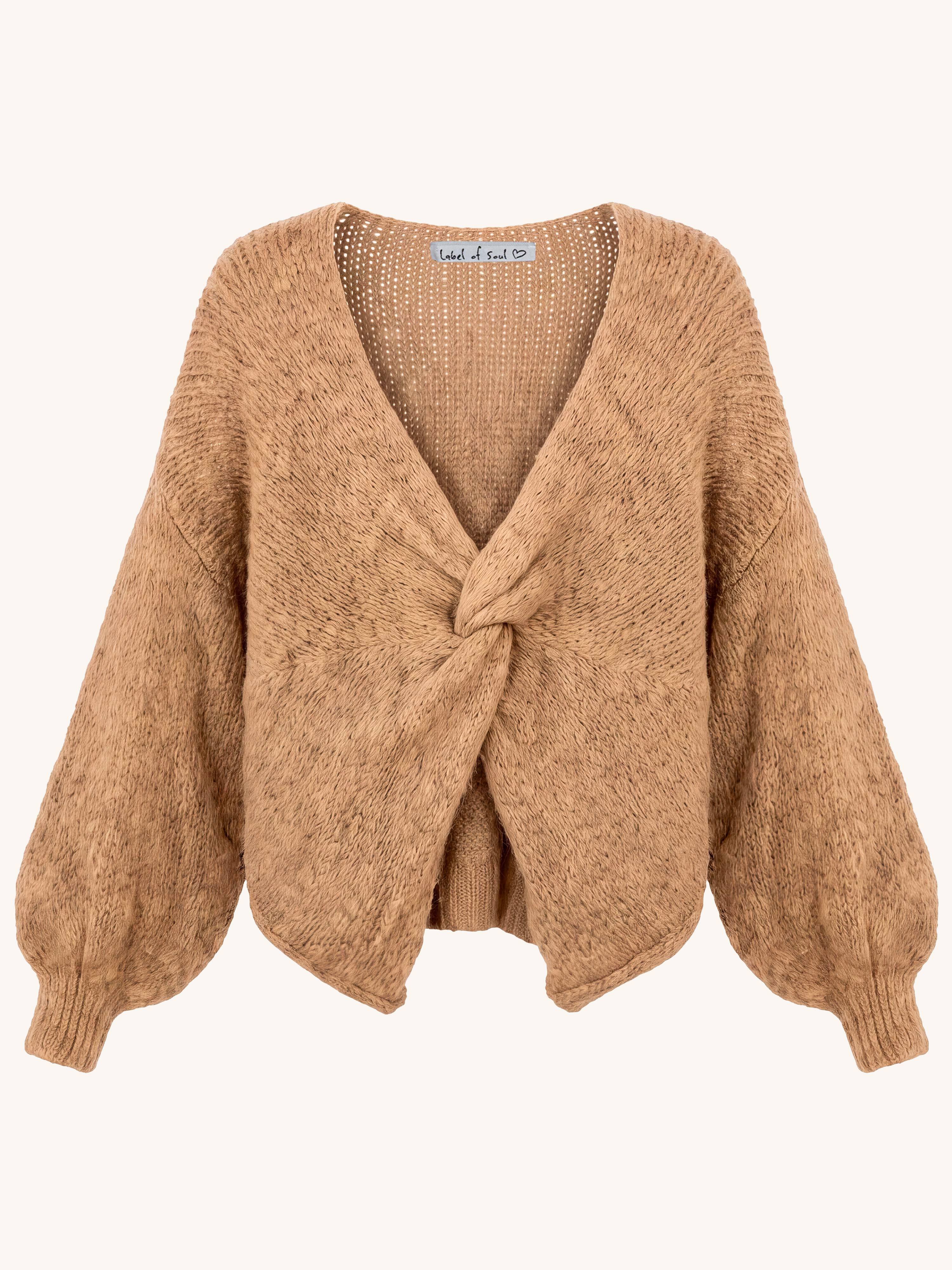 Oversize Cropped Strickpullover mit Knoten - FLAUSCHI - Camel