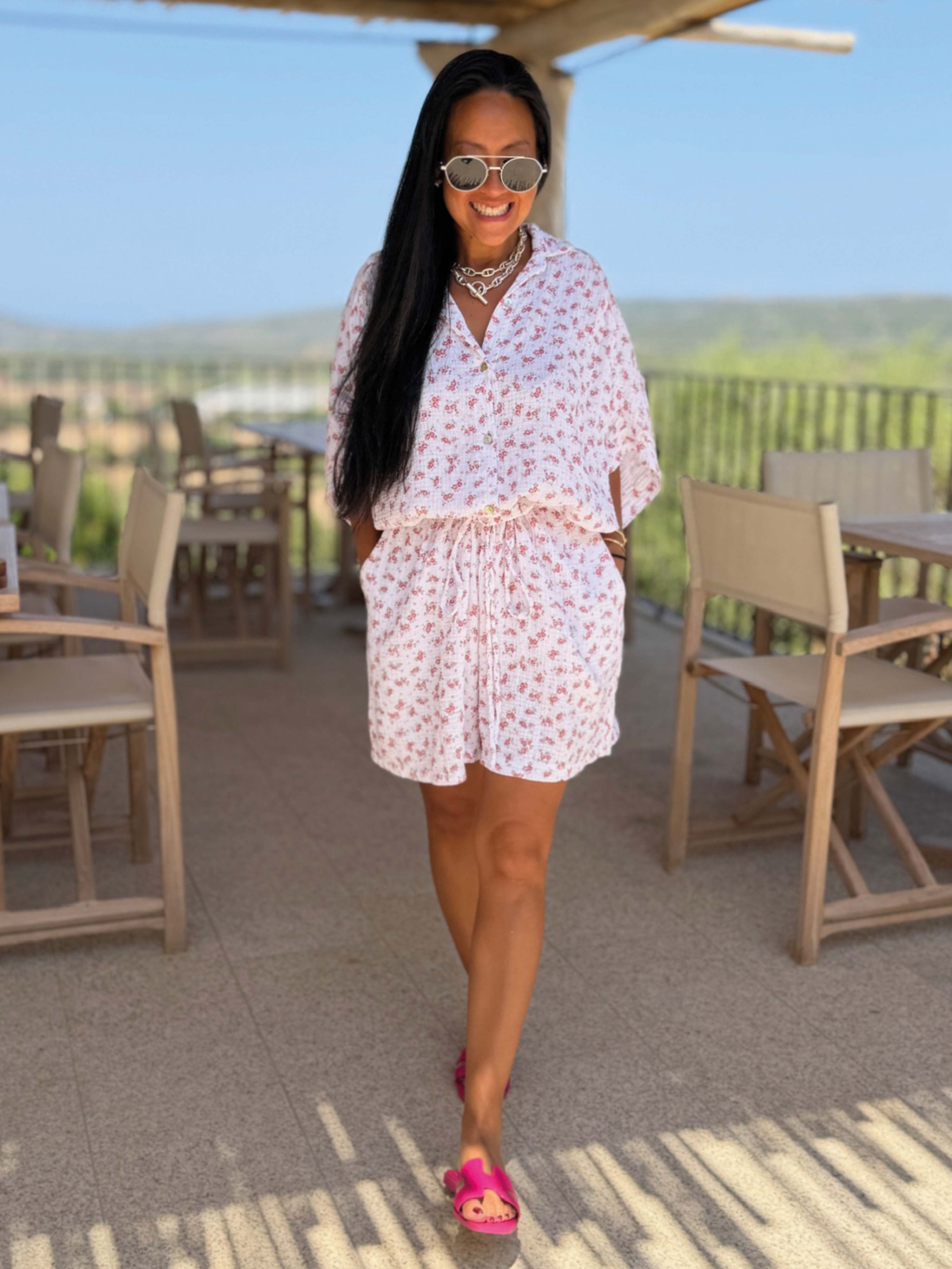 Musselin Oversize Kurzarm Bluse MIDI - Bloomy