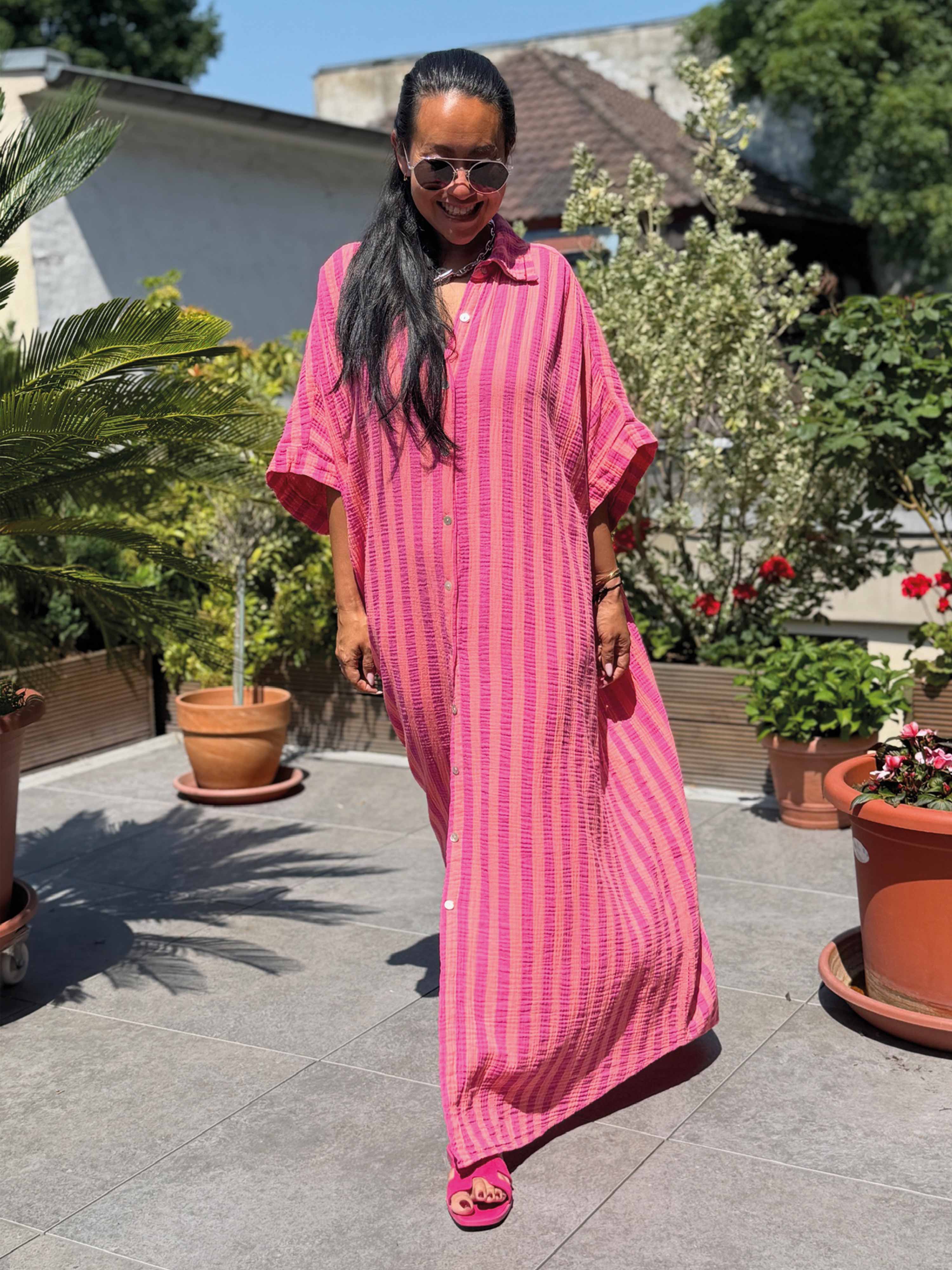 Musselin Oversize Kurzarm Blusenkleid - CAPRI - STRIPES Flamingo Kiss