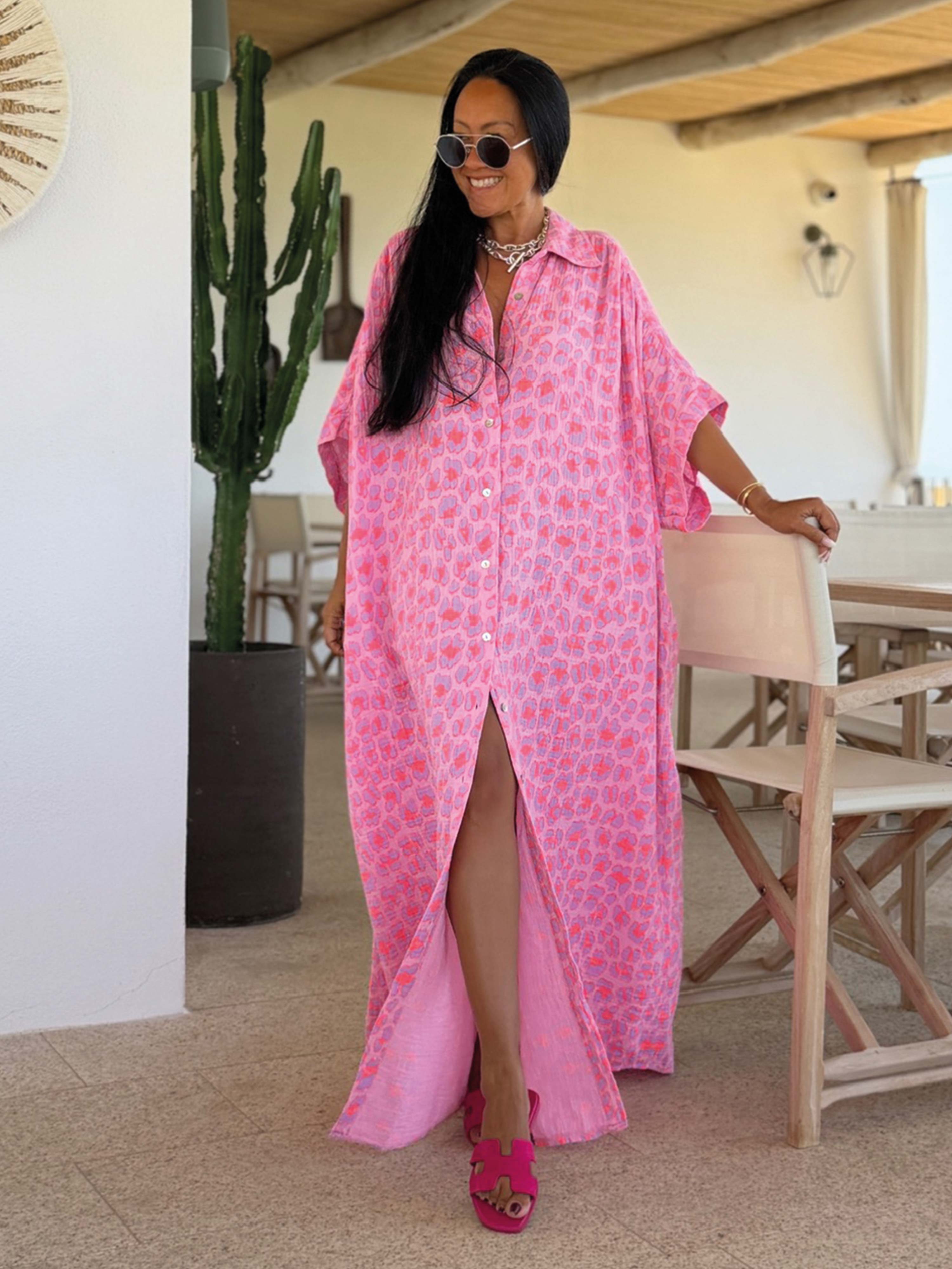 Musselin Oversize Kurzarm Blusenkleid - CAPRI - Leo Peach Pop