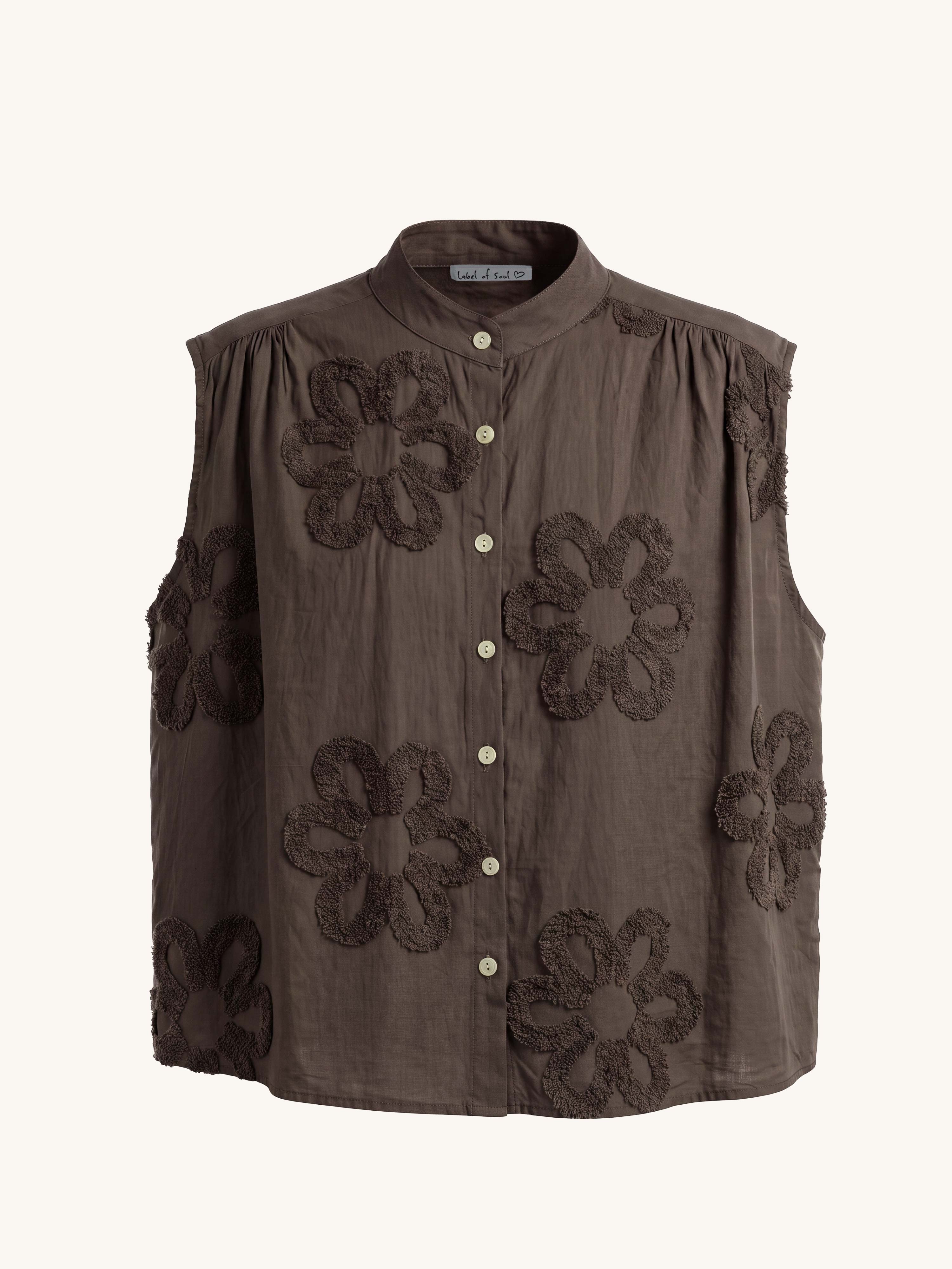Ärmellose Cotton  Bluse mit Blumenmuster - Schoko