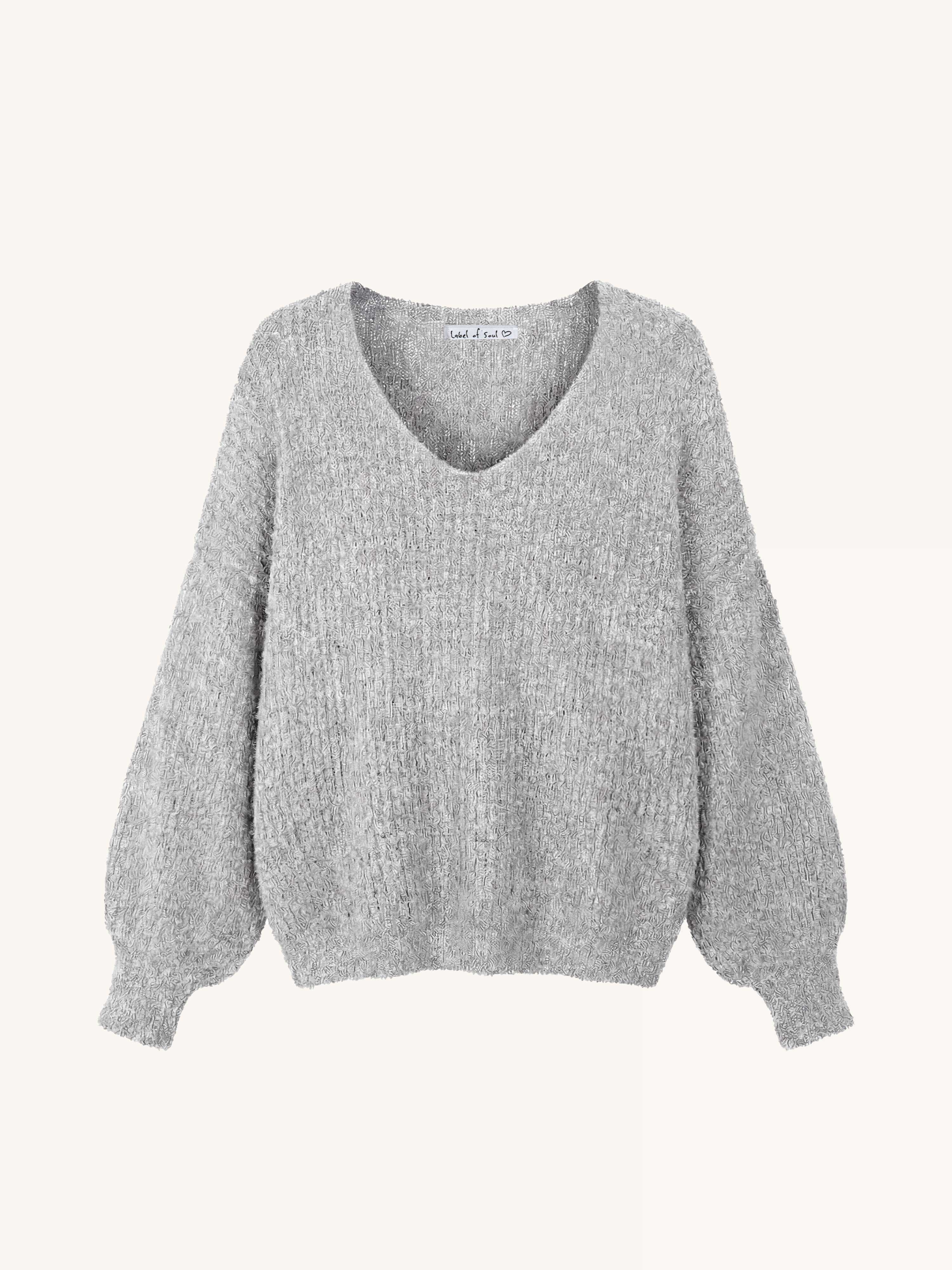 PREMIUM Bouclé Pullover mit V-Ausschnitt - Hellgrau