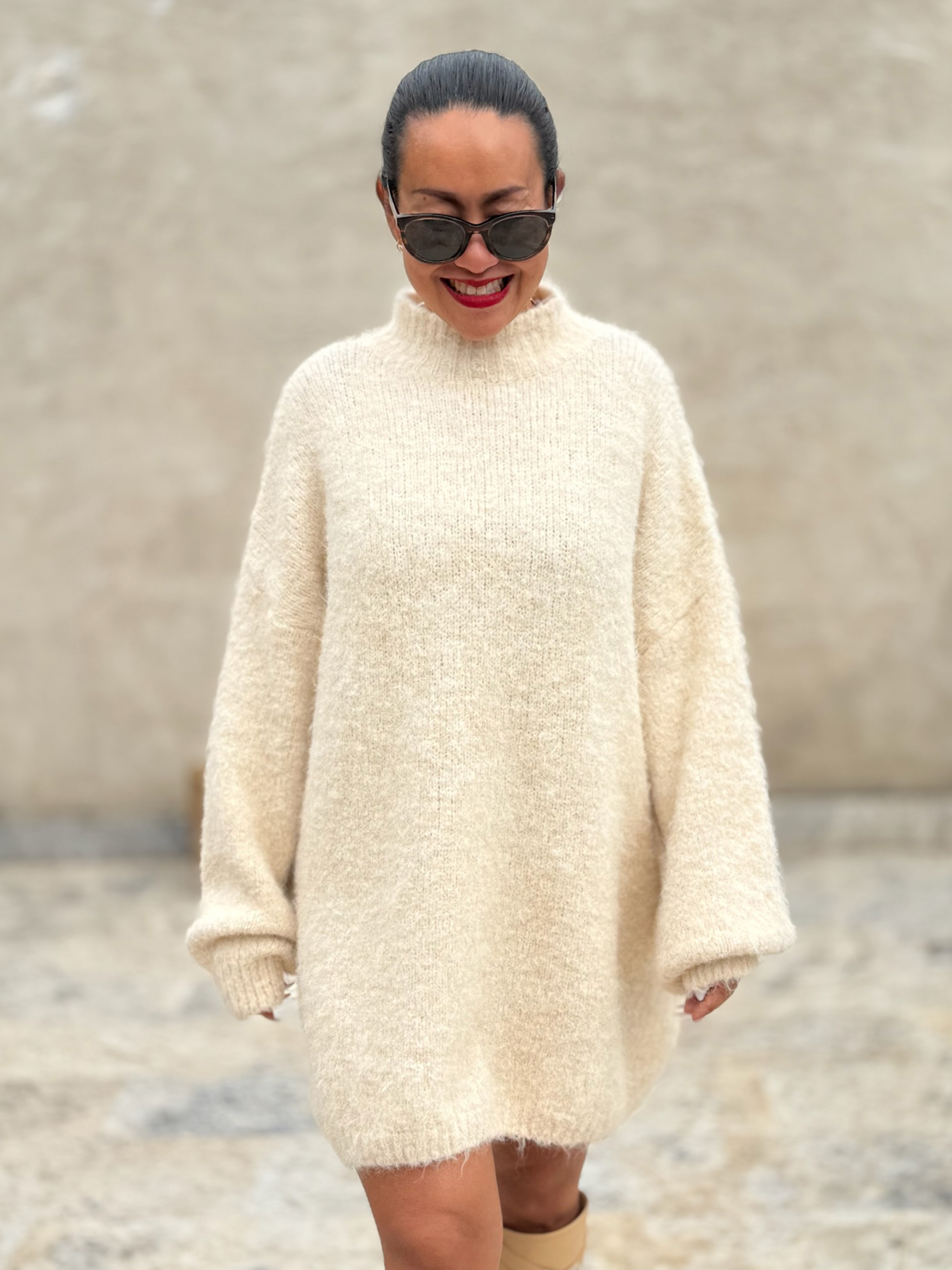 Oversize Stehkragen Strickpullover mit Alpakawollanteil - Creme