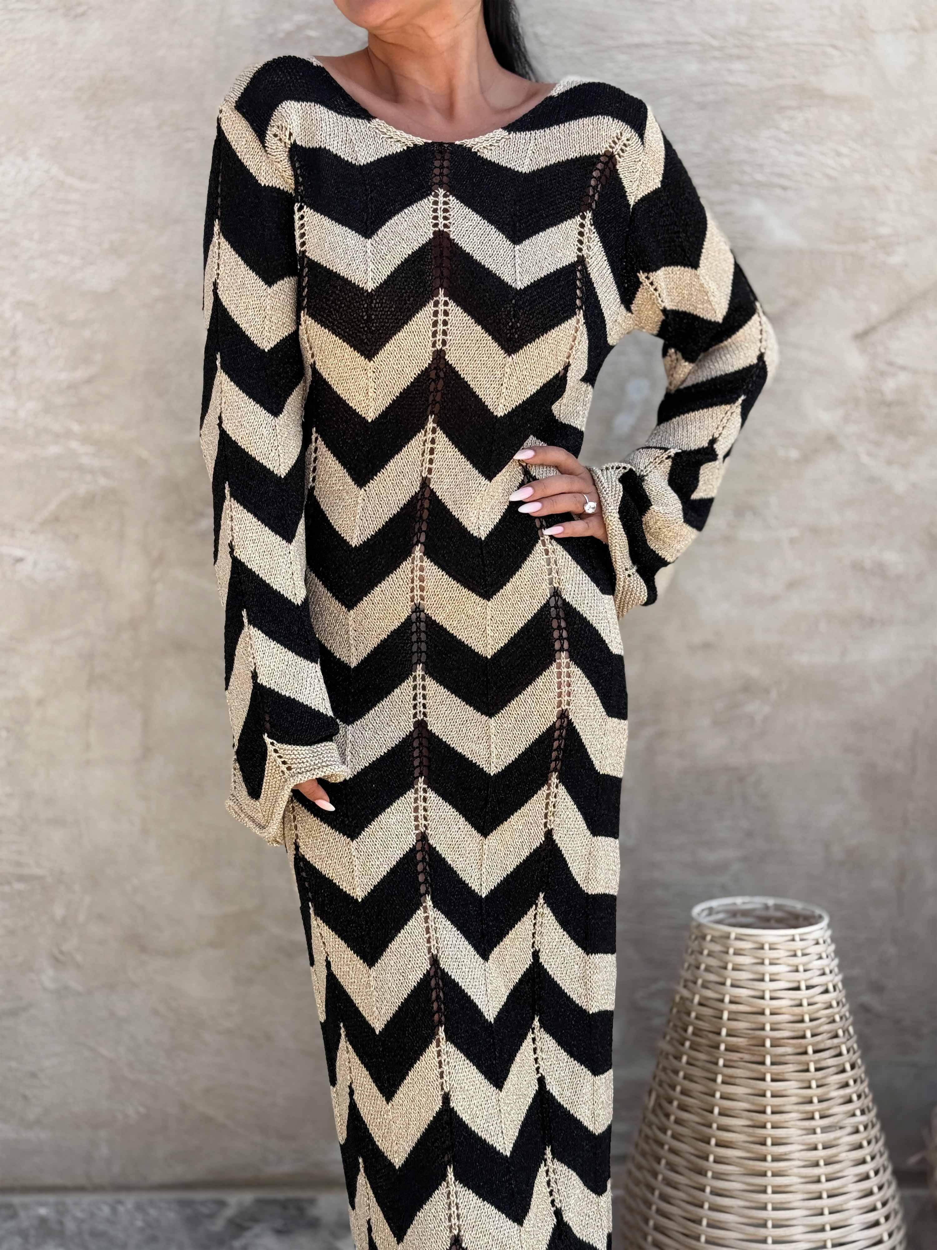 Häkel Beach Strickkleid - Stripes Schwarz/Gold Häkel Beach Strickkleid - Stripes Schwarz/Gold