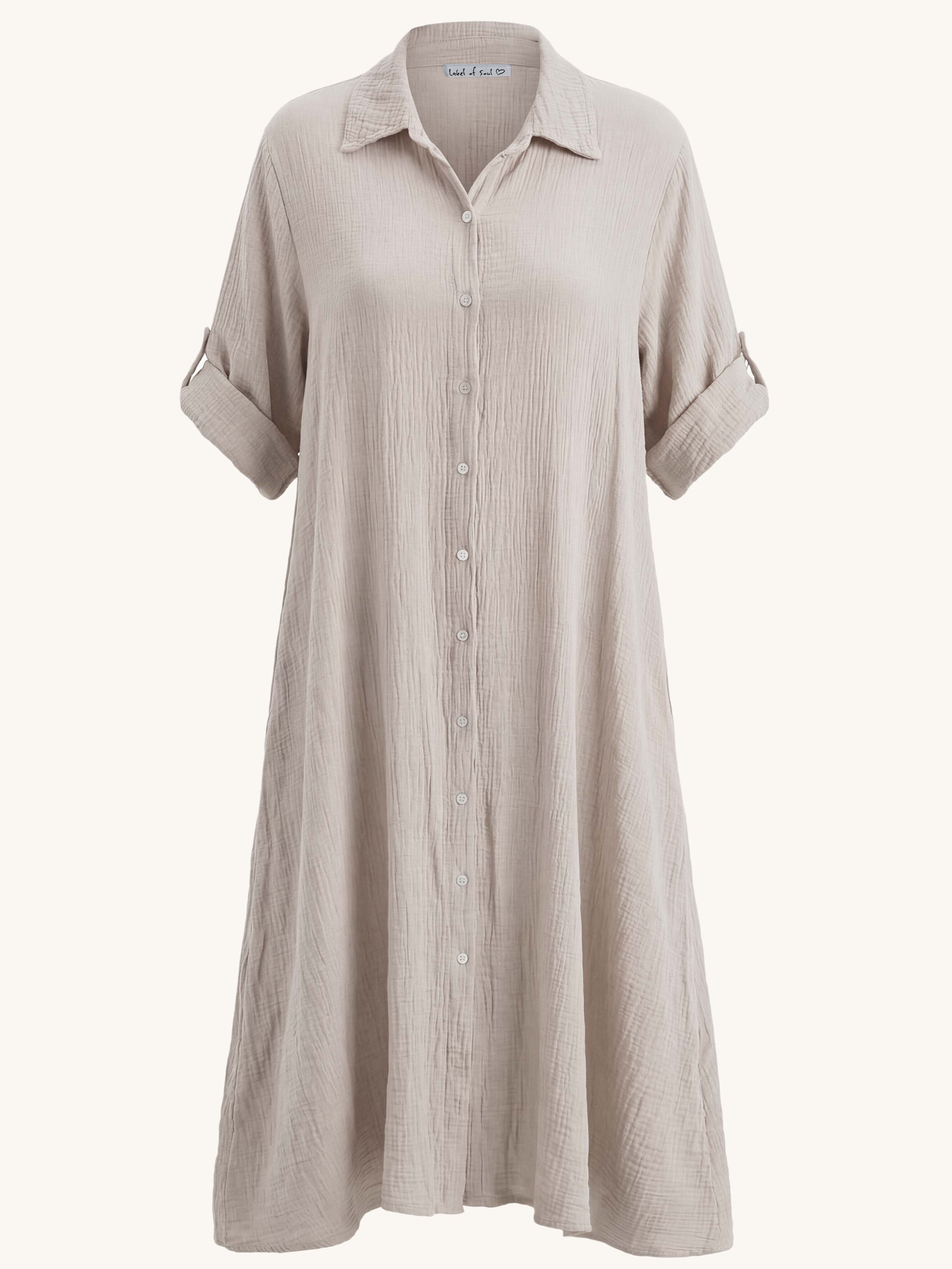 Musselin Oversize Kurzarm Blusenkleid mit A-Linie - Beige