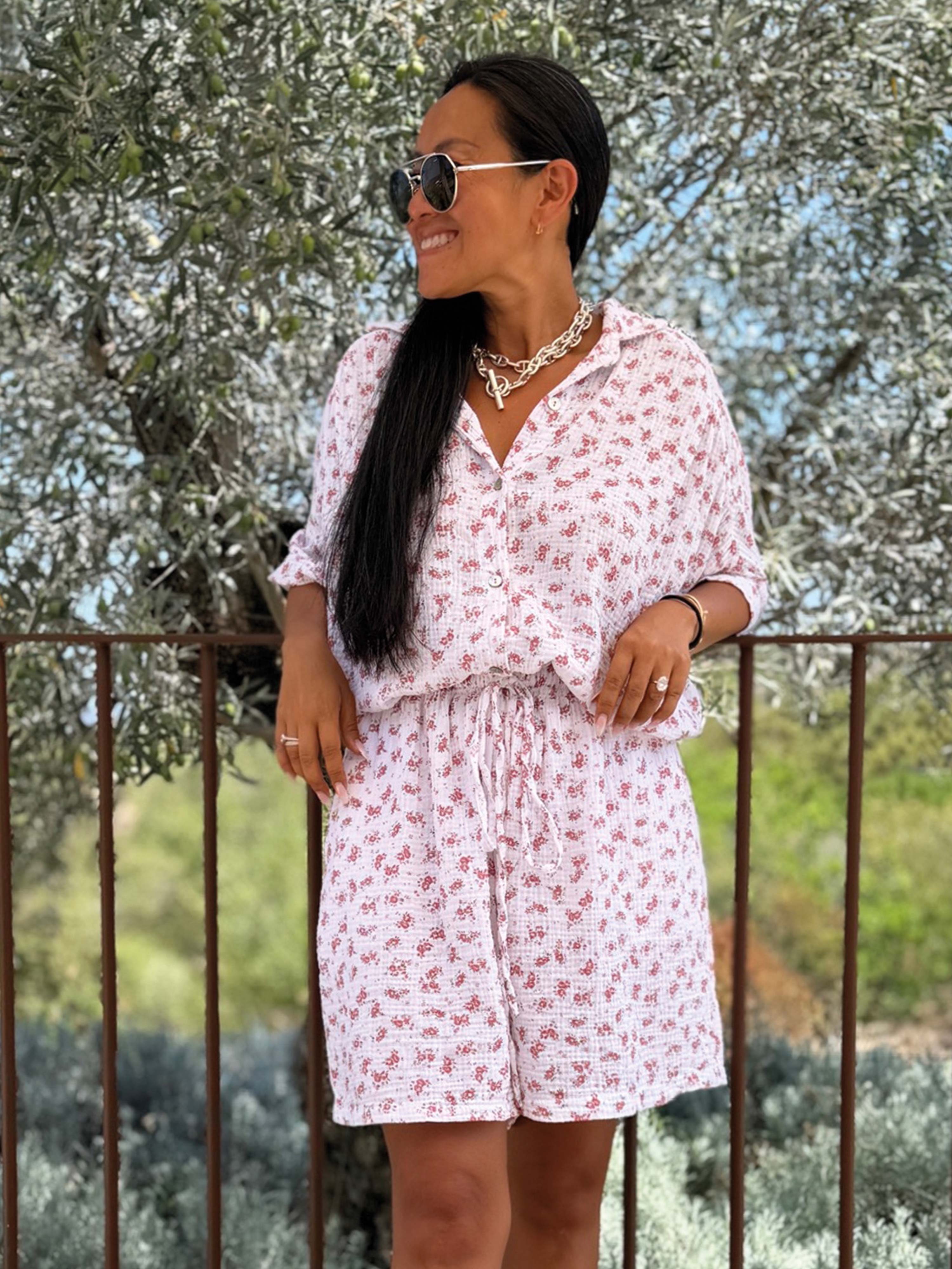 Musselin Oversize Kurzarm Bluse Long - Bloomy