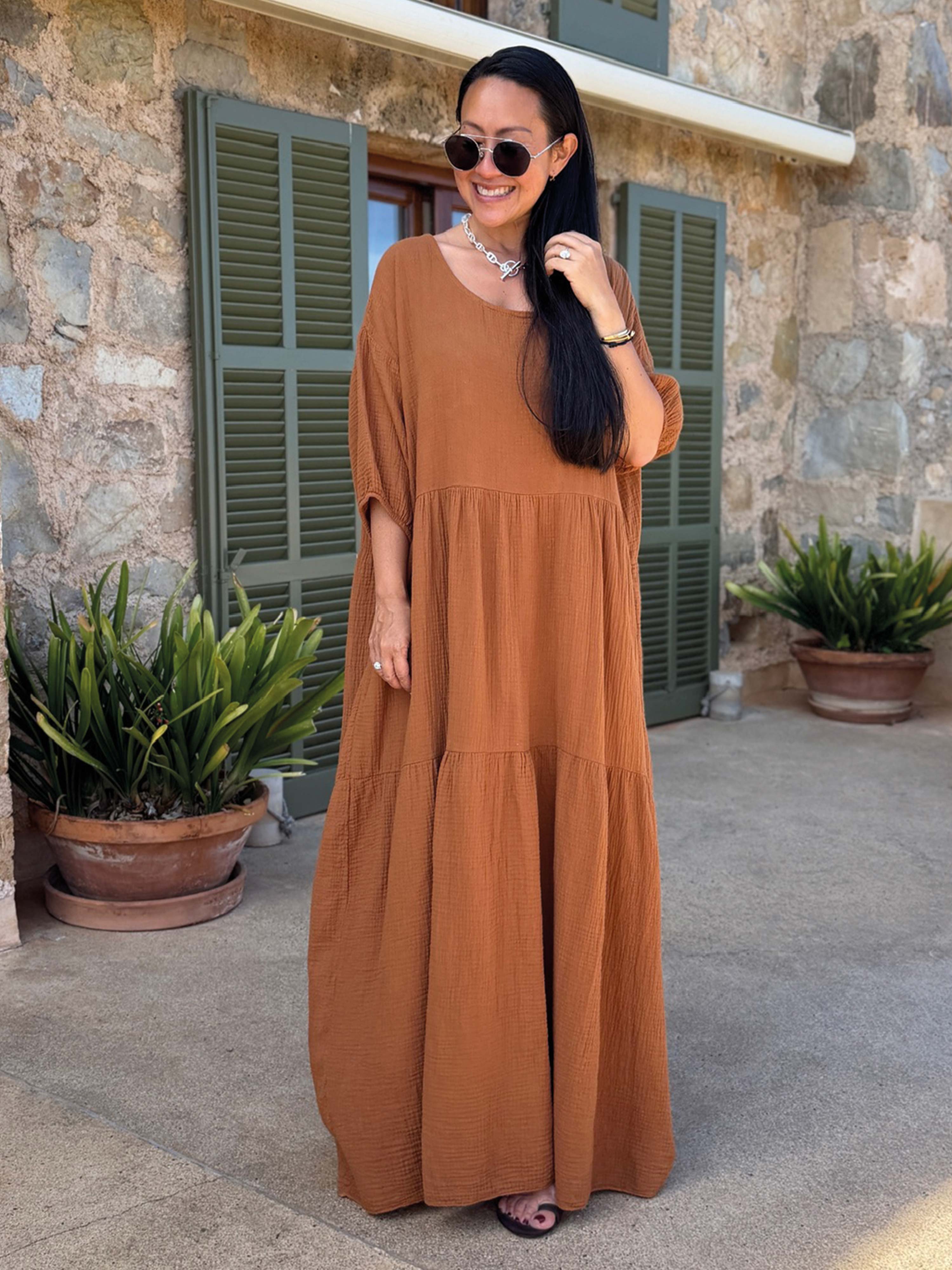 Oversize Musselin Kleid mit Rundhalsausschnitt - Cinnamon