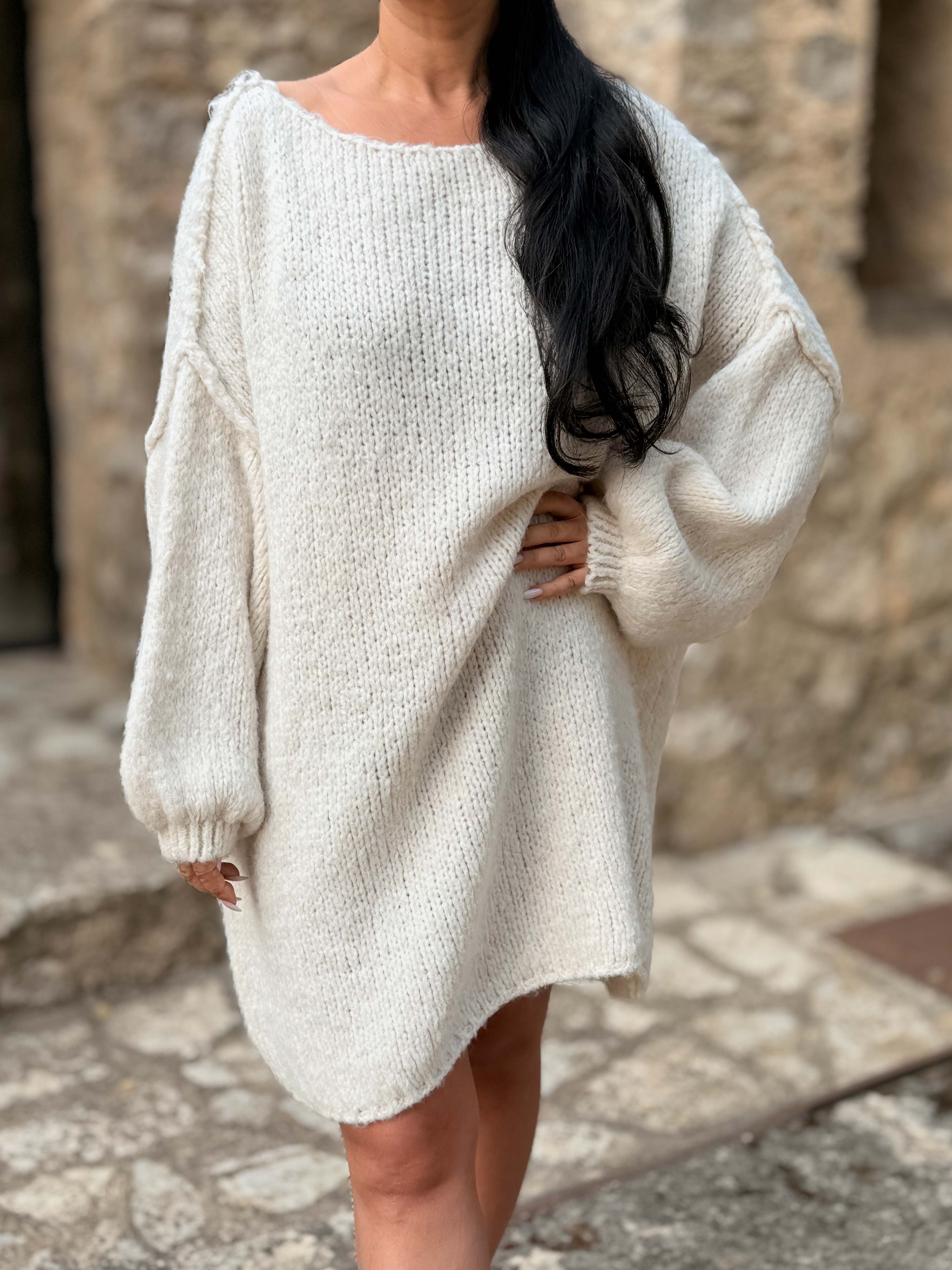 Oversize Long Strickpullover - FLAUSCHI - Creme