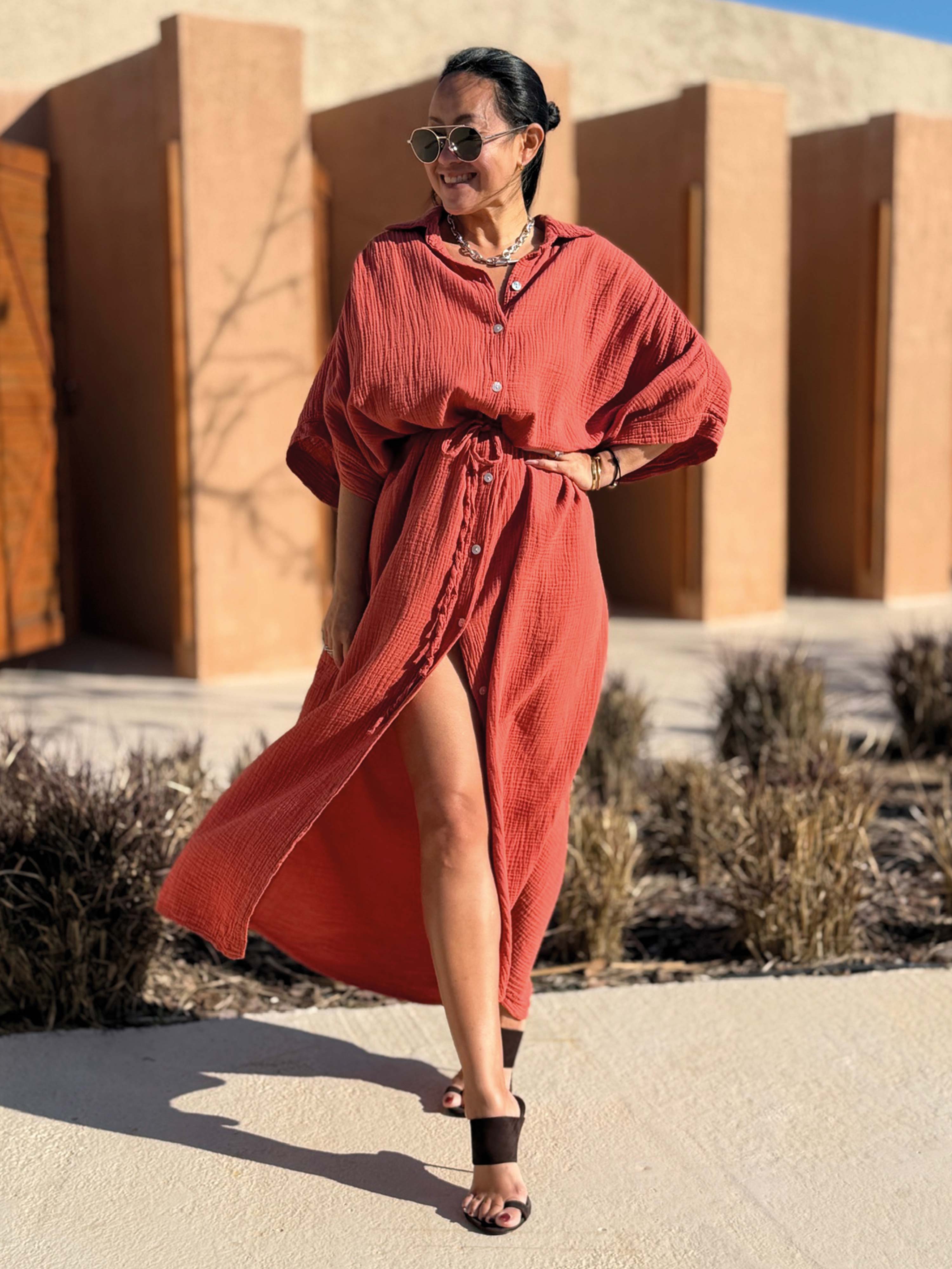 Musselin Oversize Kurzarm Blusenkleid - CAPRI - Rosewood