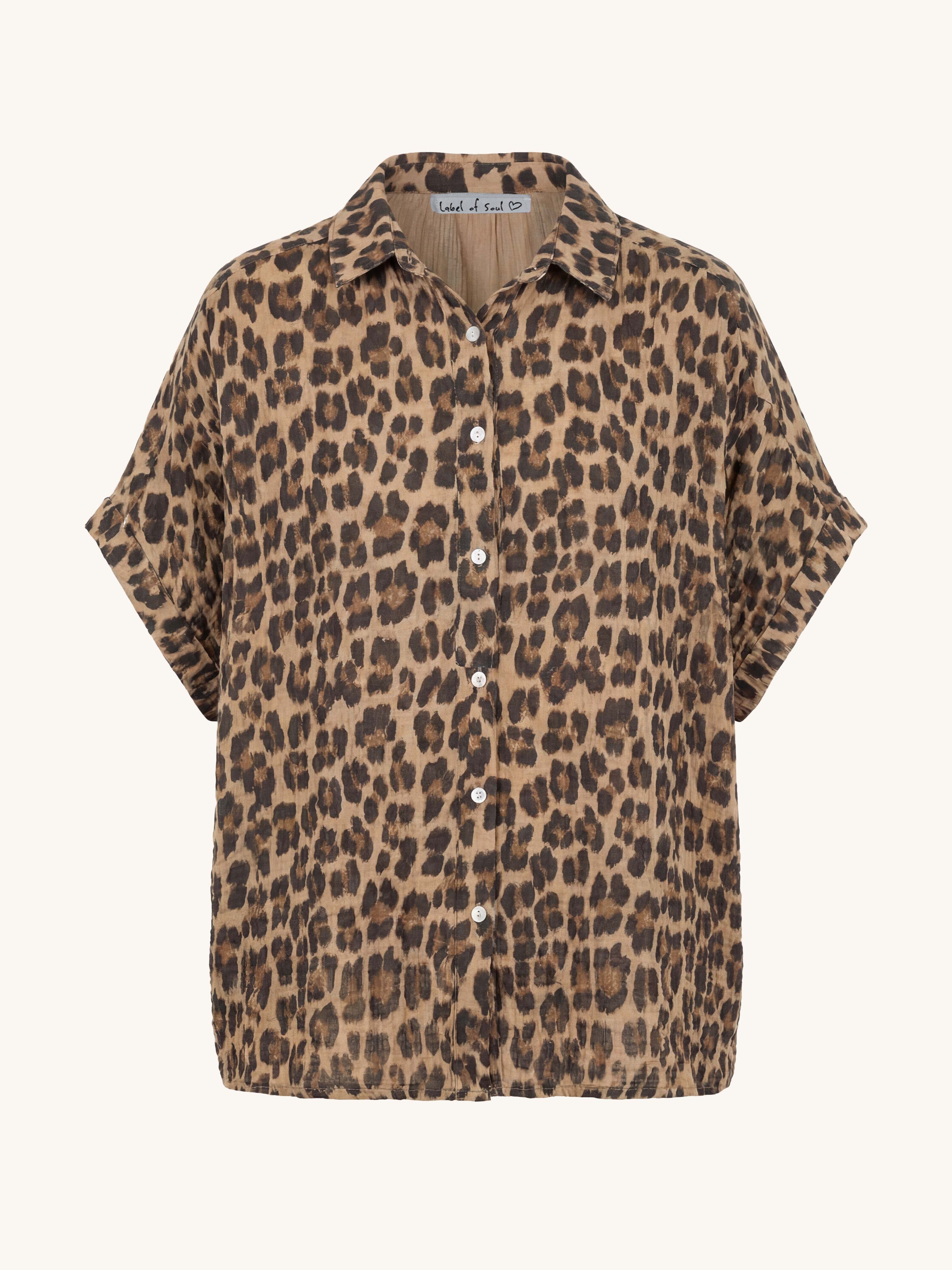 Musselin Oversize Kurzarm Bluse MIDI - LEOPARD - Camel