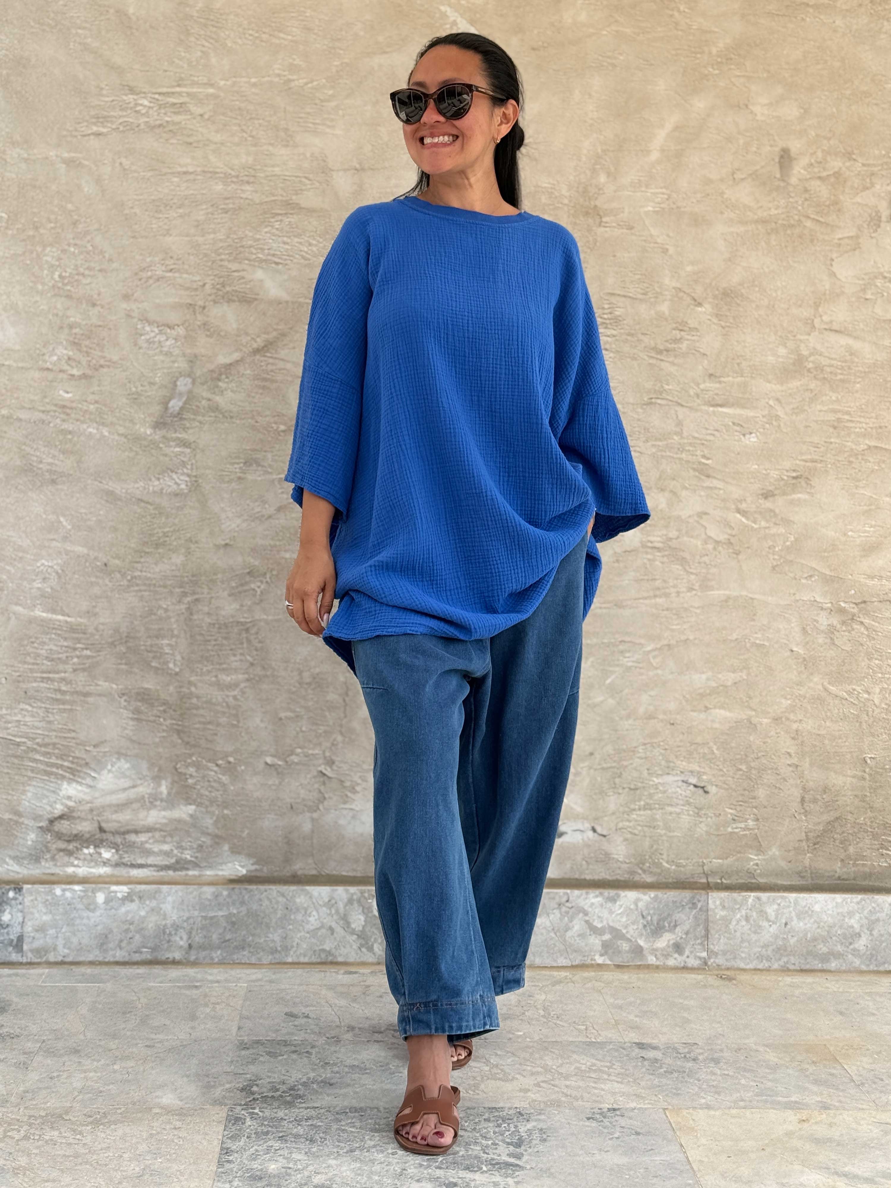 Musselin Oversize Kurzarm Shirt - Royalblau
