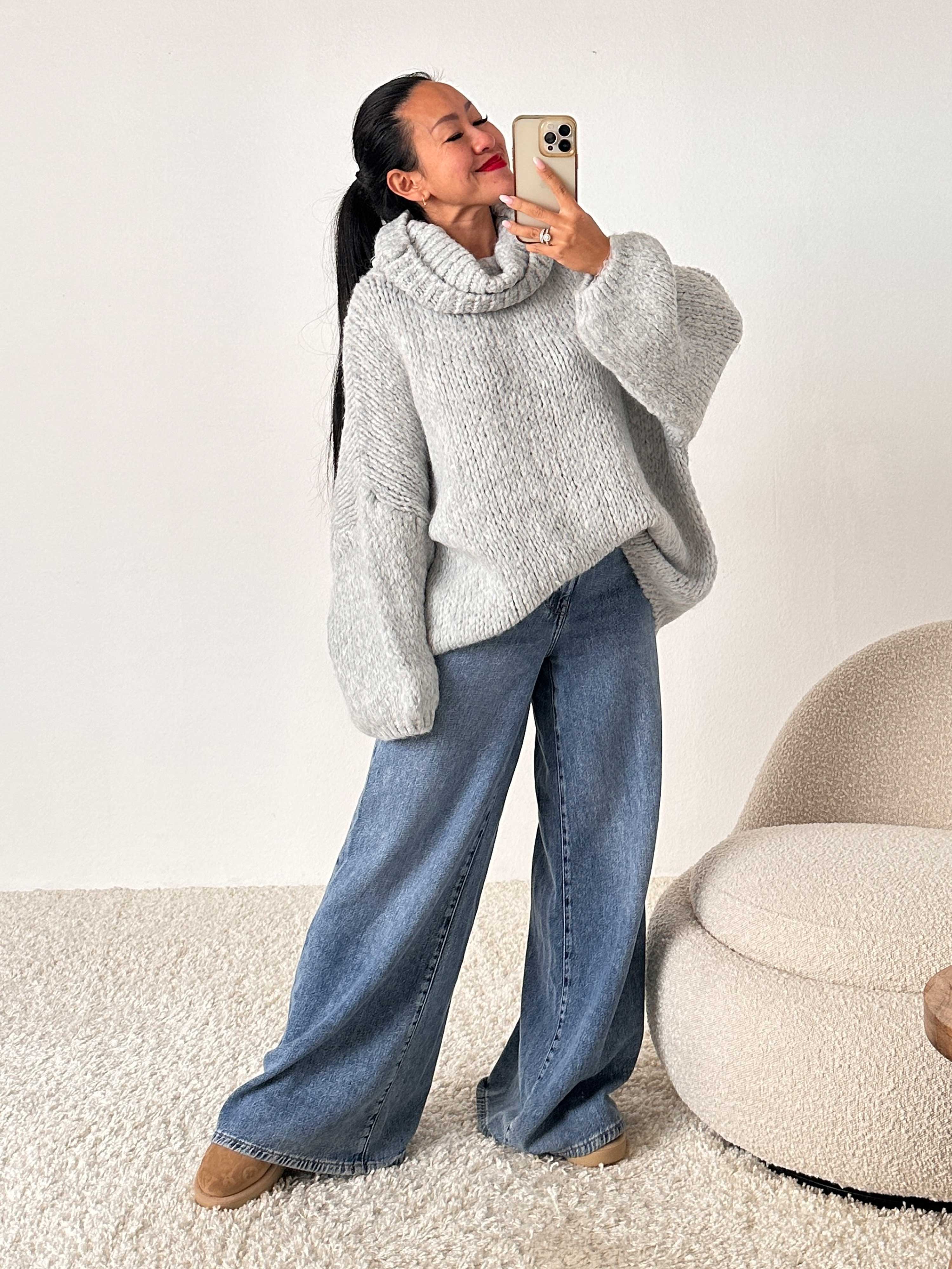 Oversize WINTER Pullover mit Schalkragen - FLAUSCHI - Hellgrau