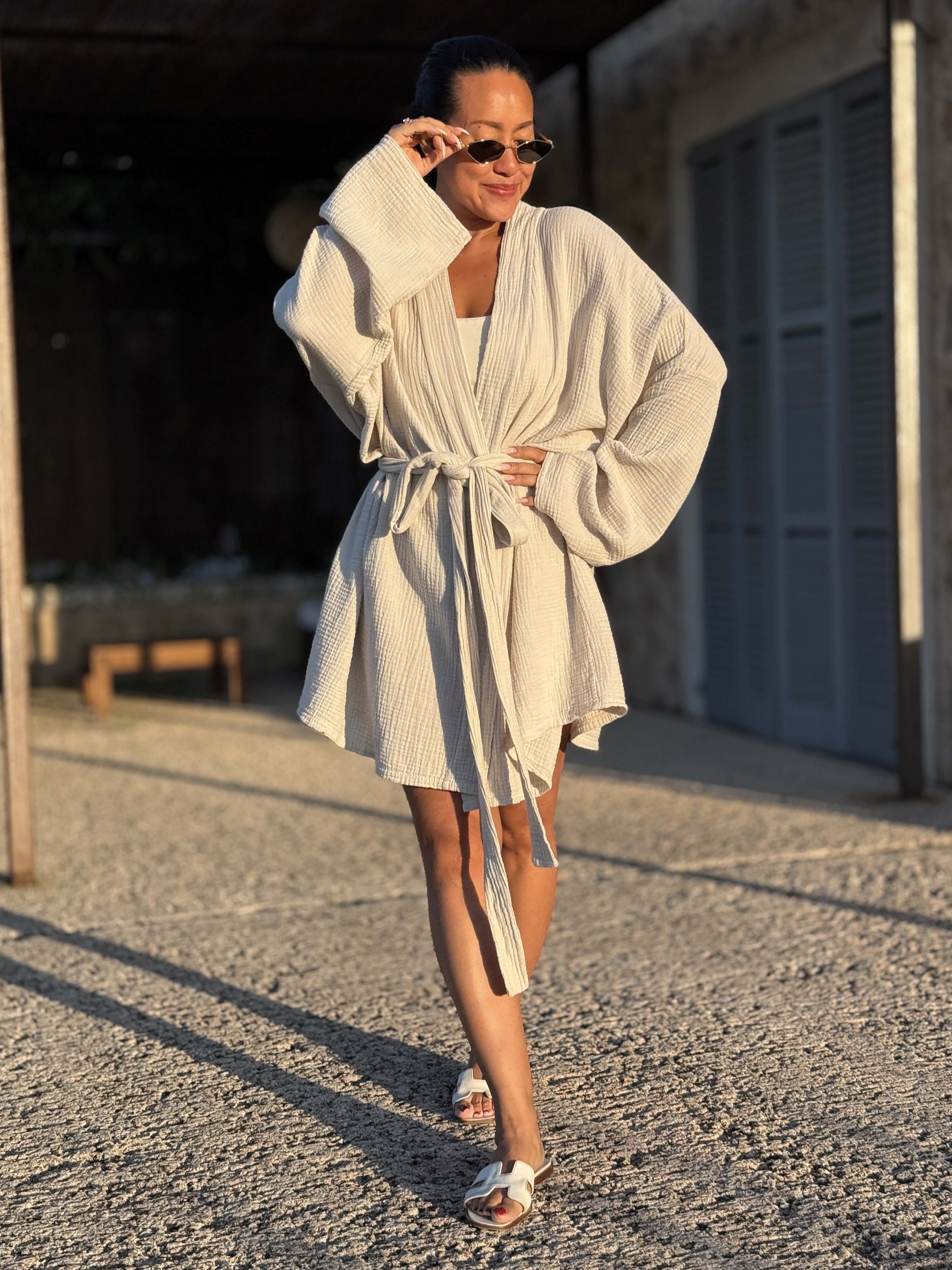 Musselin Wickel Kimono Jacke - NAMASTE - Beige