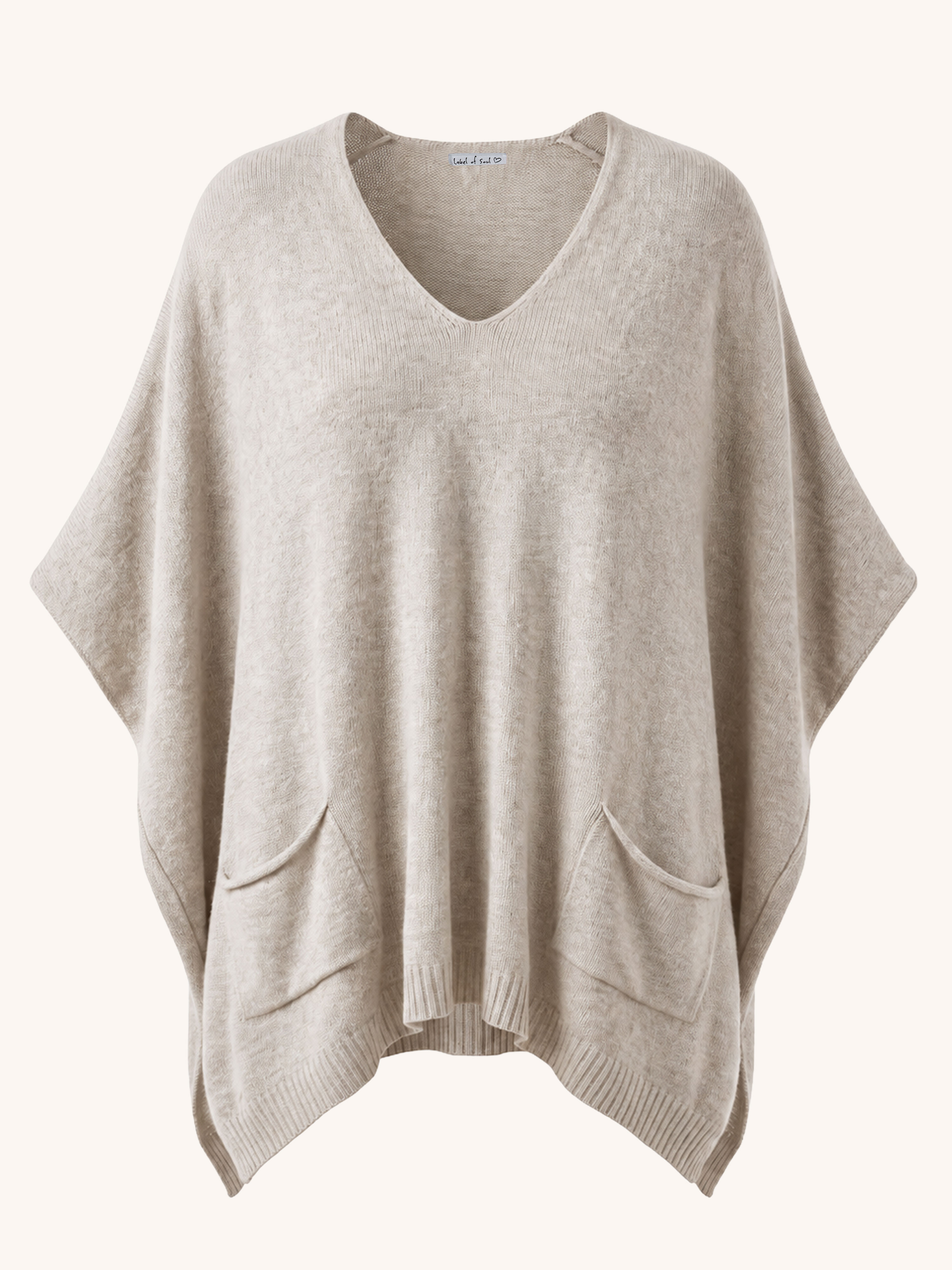 Oversize Viskose Strick Poncho mit V-Ausschnitt - Oatmeal