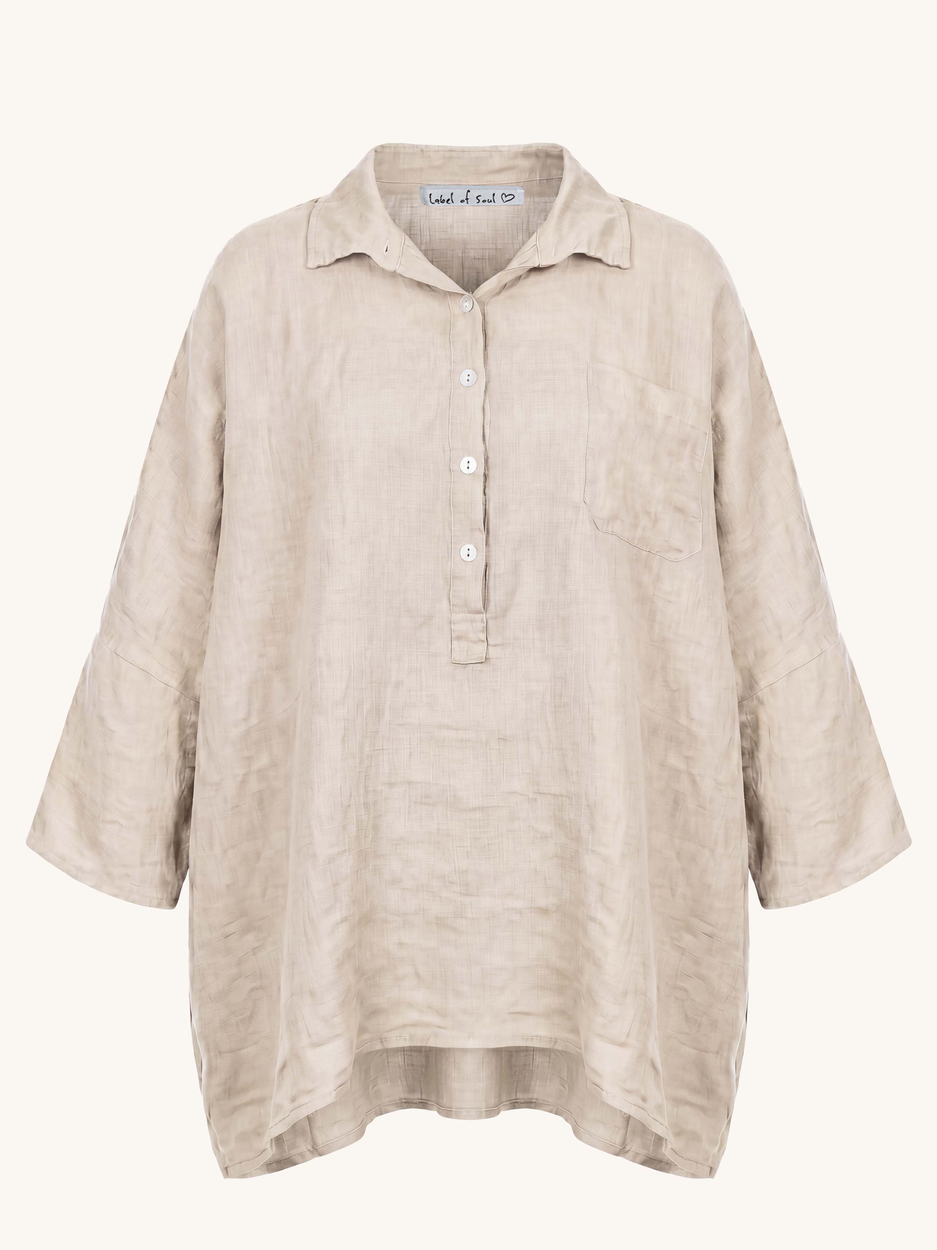 Leinen Oversize Bluse mit Seitentaschen - Beige