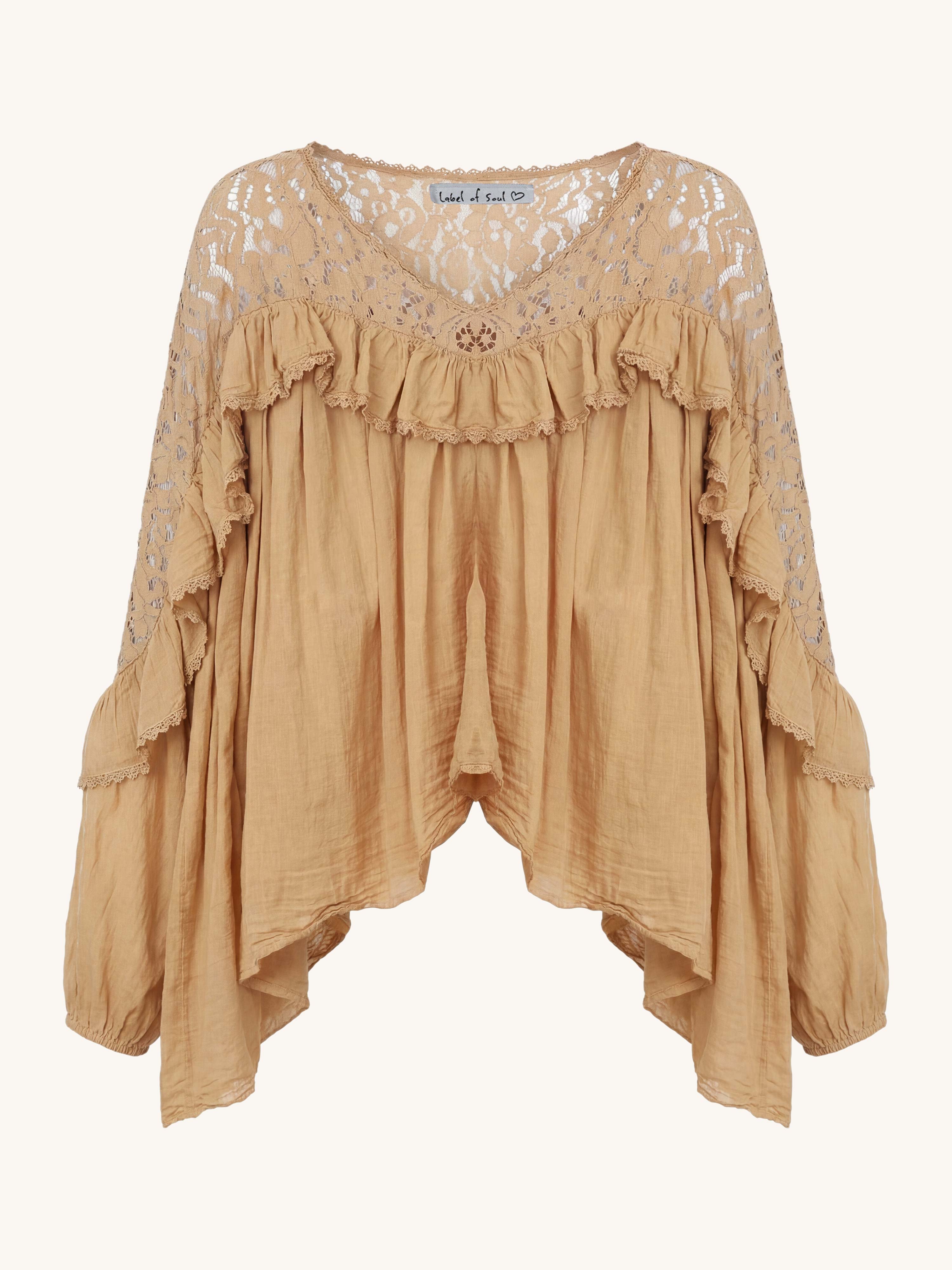 Leichte Oversize Bluse mit V-Ausschnitt - BoHo - Camel