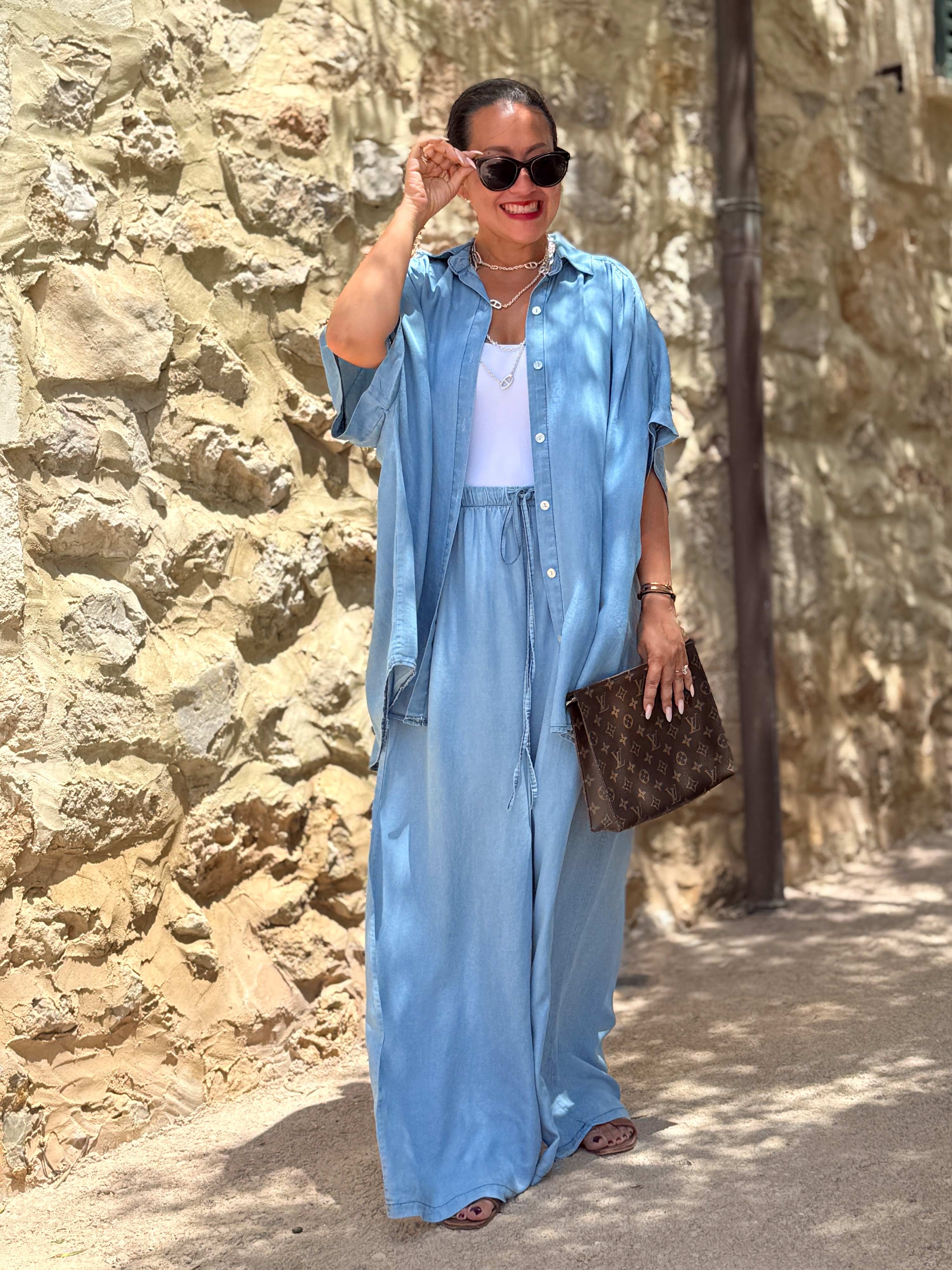 Leichte Lyocell Oversize Kurzarm Bluse MIDI - Blue