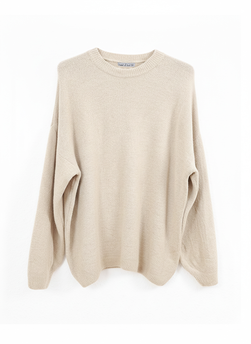 Rundhals Strickpullover mit Alpakawollanteil - Beige
