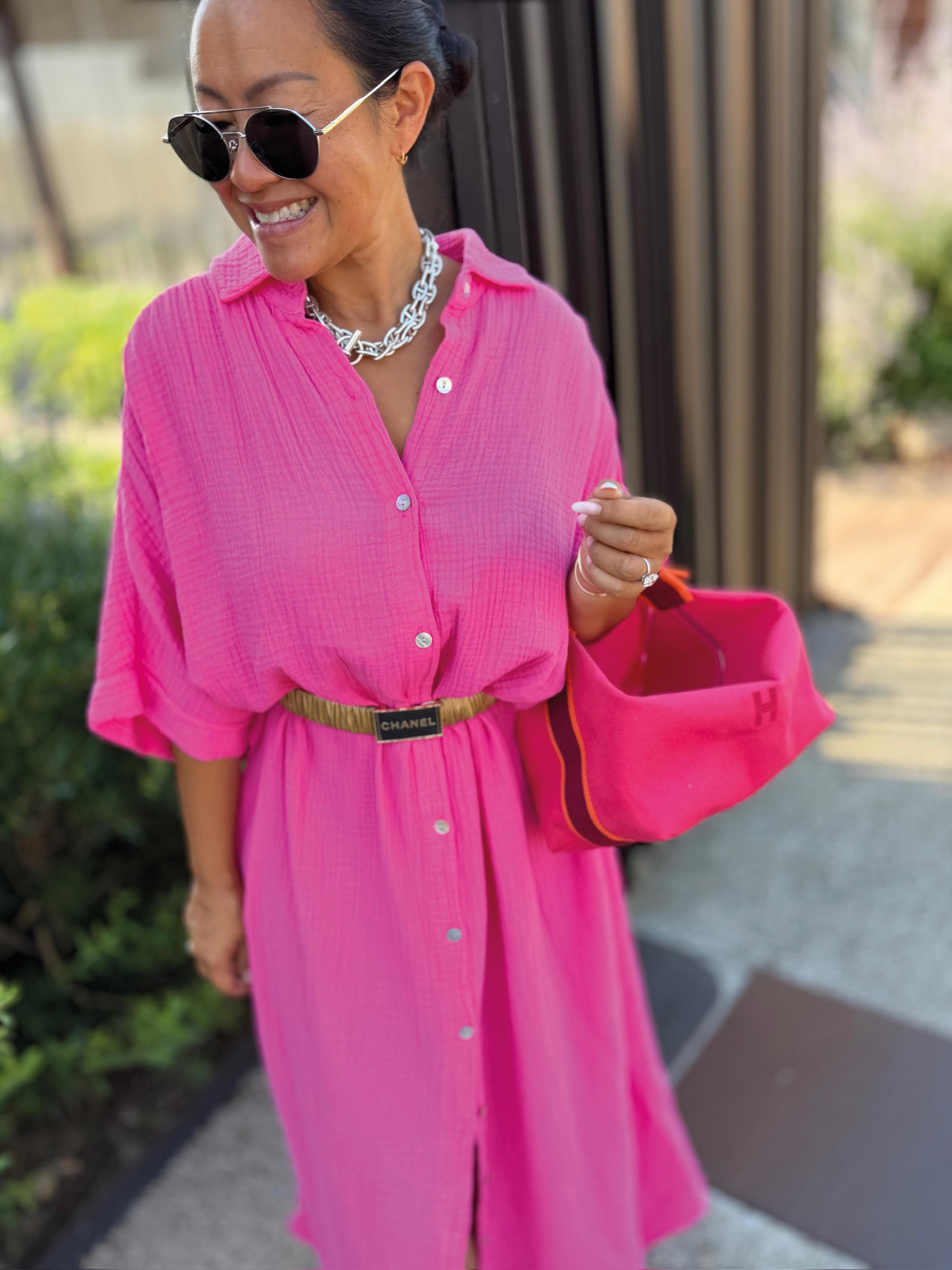 Musselin Oversize Kurzarm Blusenkleid - CAPRI - Pink