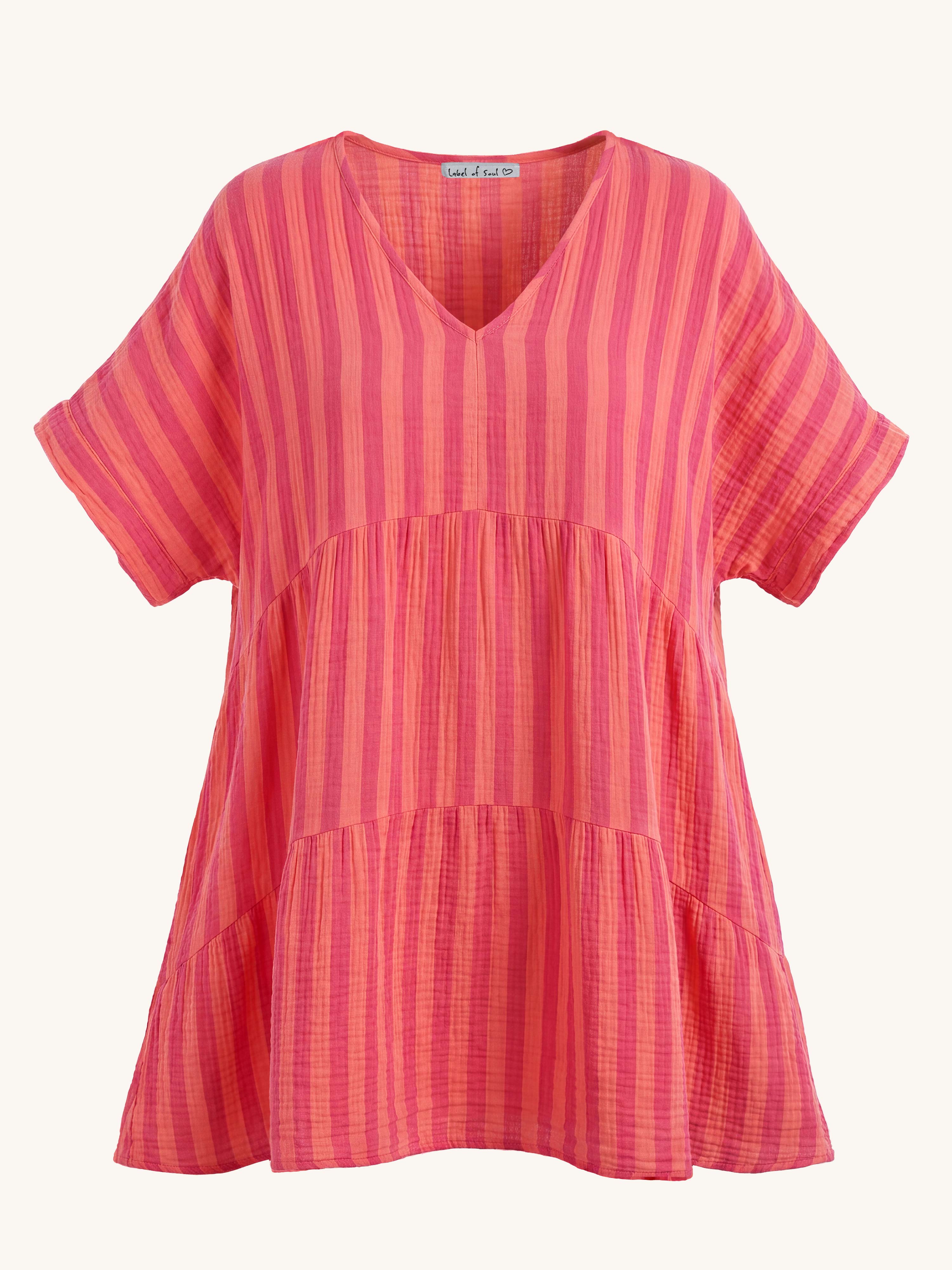 Musselin Tunika Midi mit V-Ausschnitt - STRIPES Flamingo Kiss