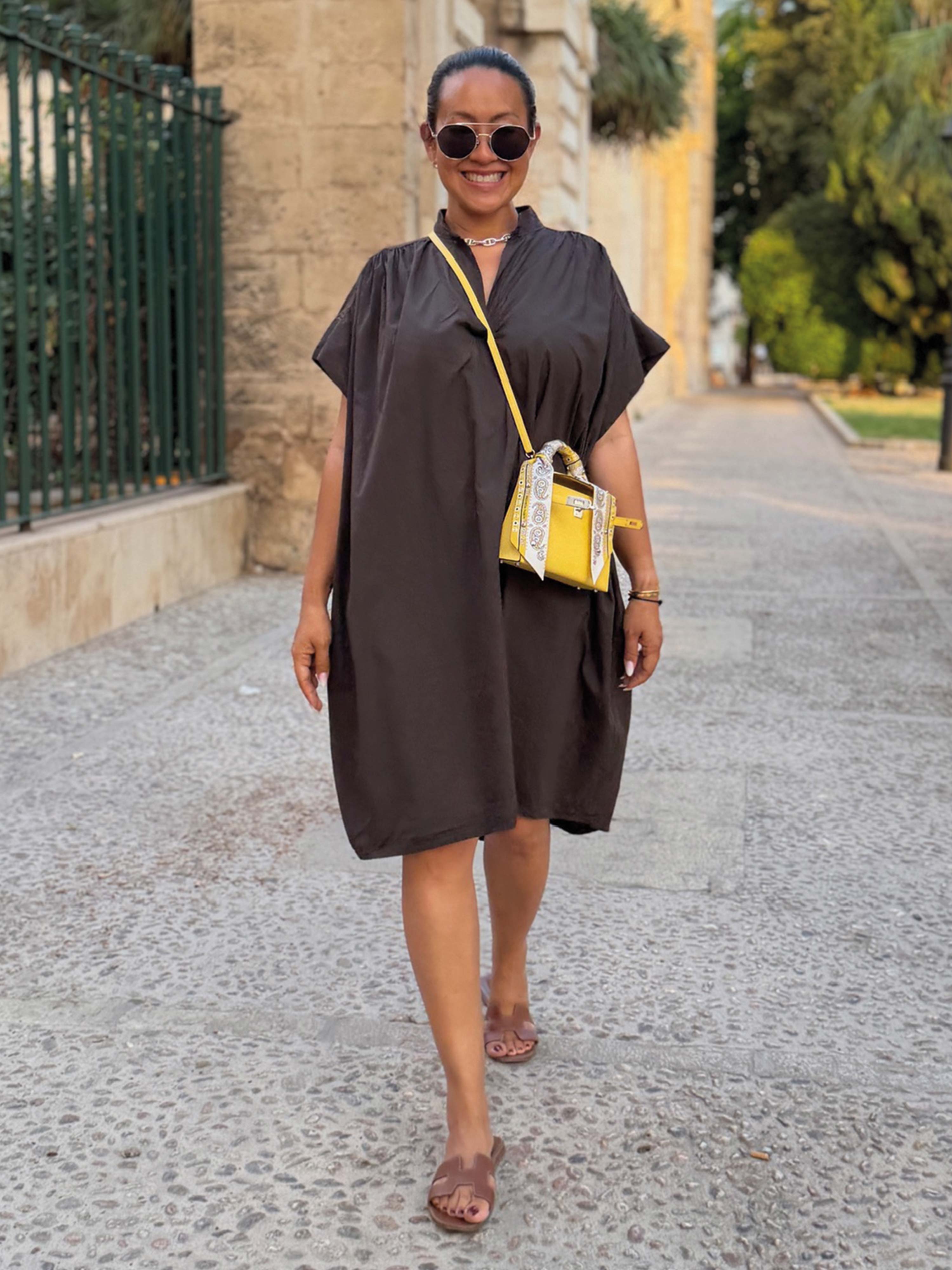 Cotton Vokuhila Oversize Tunika Midi mit Taschen - Schoko