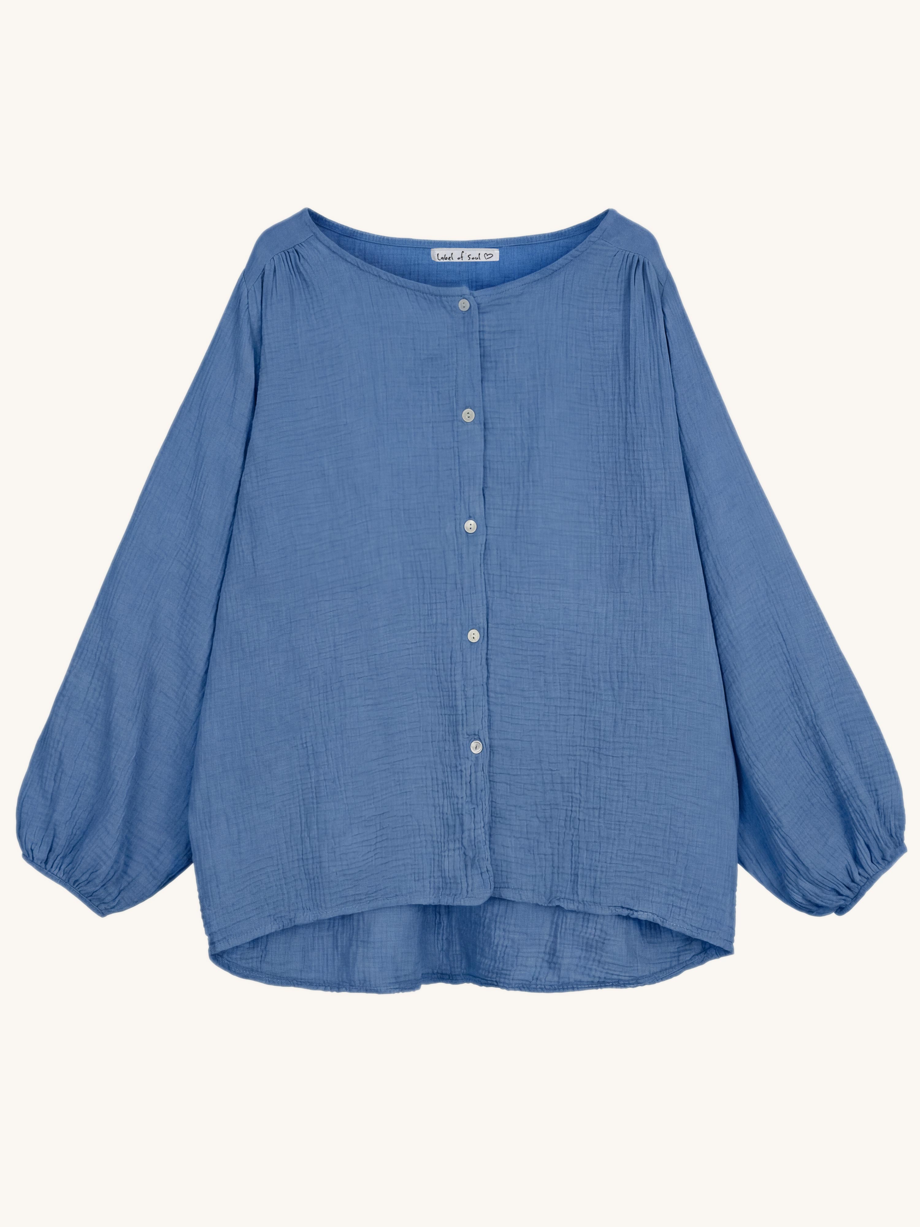 Musselin Oversize Bluse mit Rundhalsausschnitt - Jeansblau
