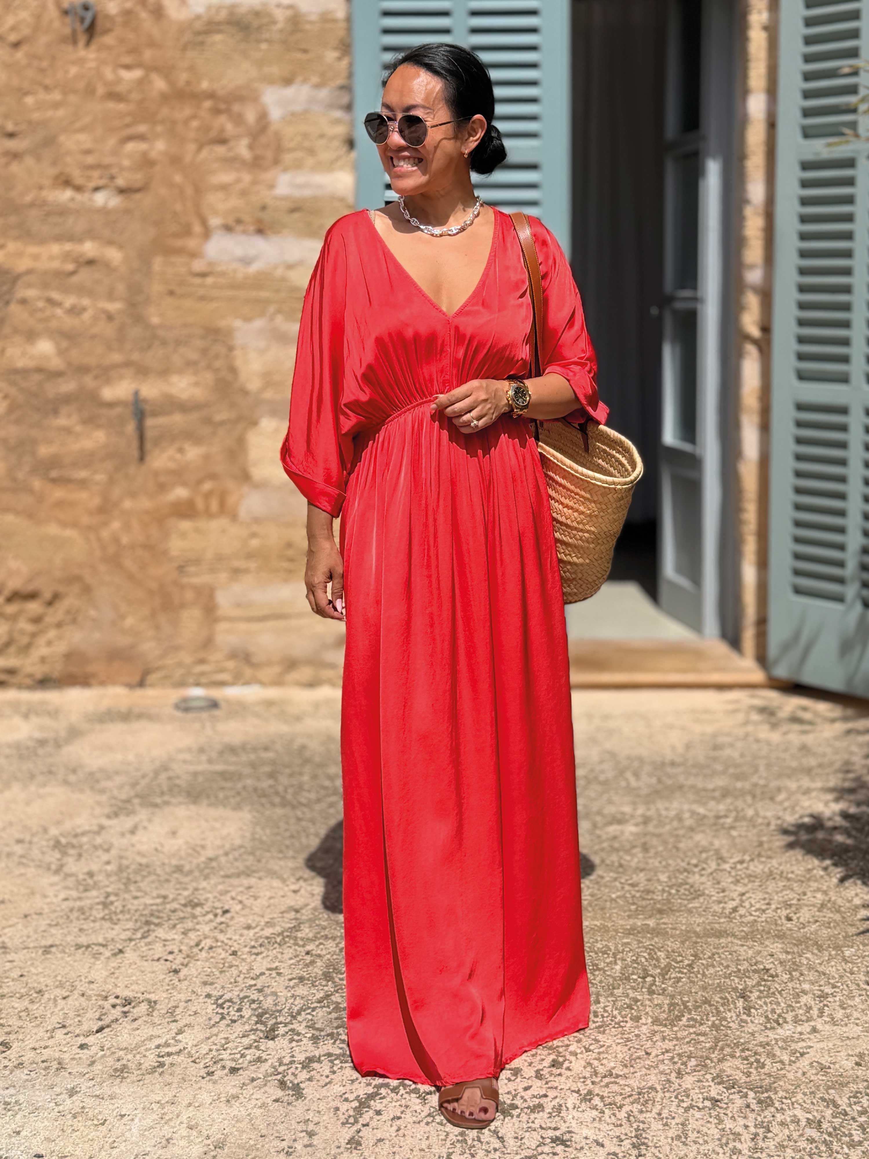 Viskose Kleid mit V-Ausschnitt - ONESIZE - Watermelon