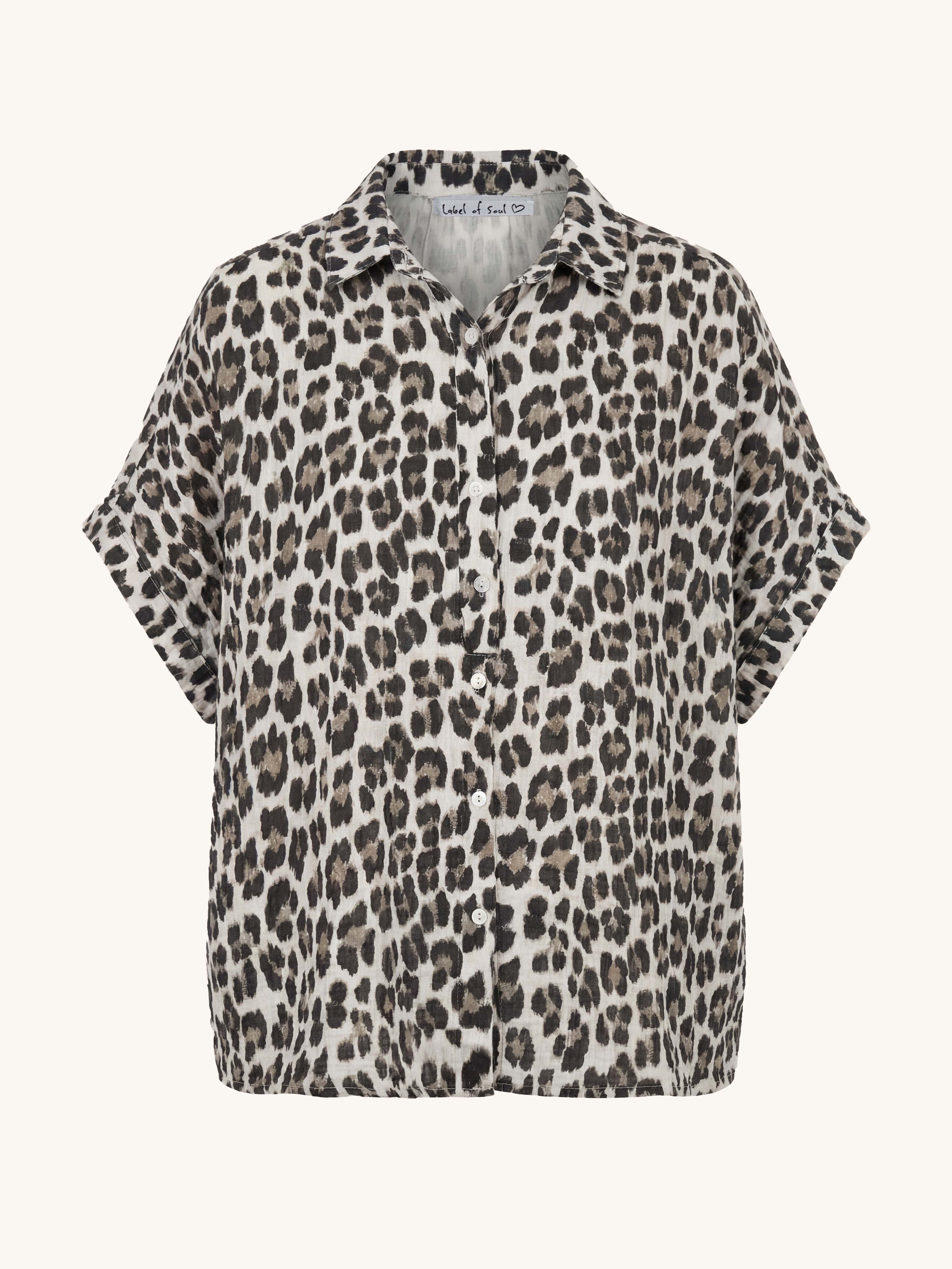 Musselin Oversize Kurzarm Bluse MIDI - LEOPARD - Beige