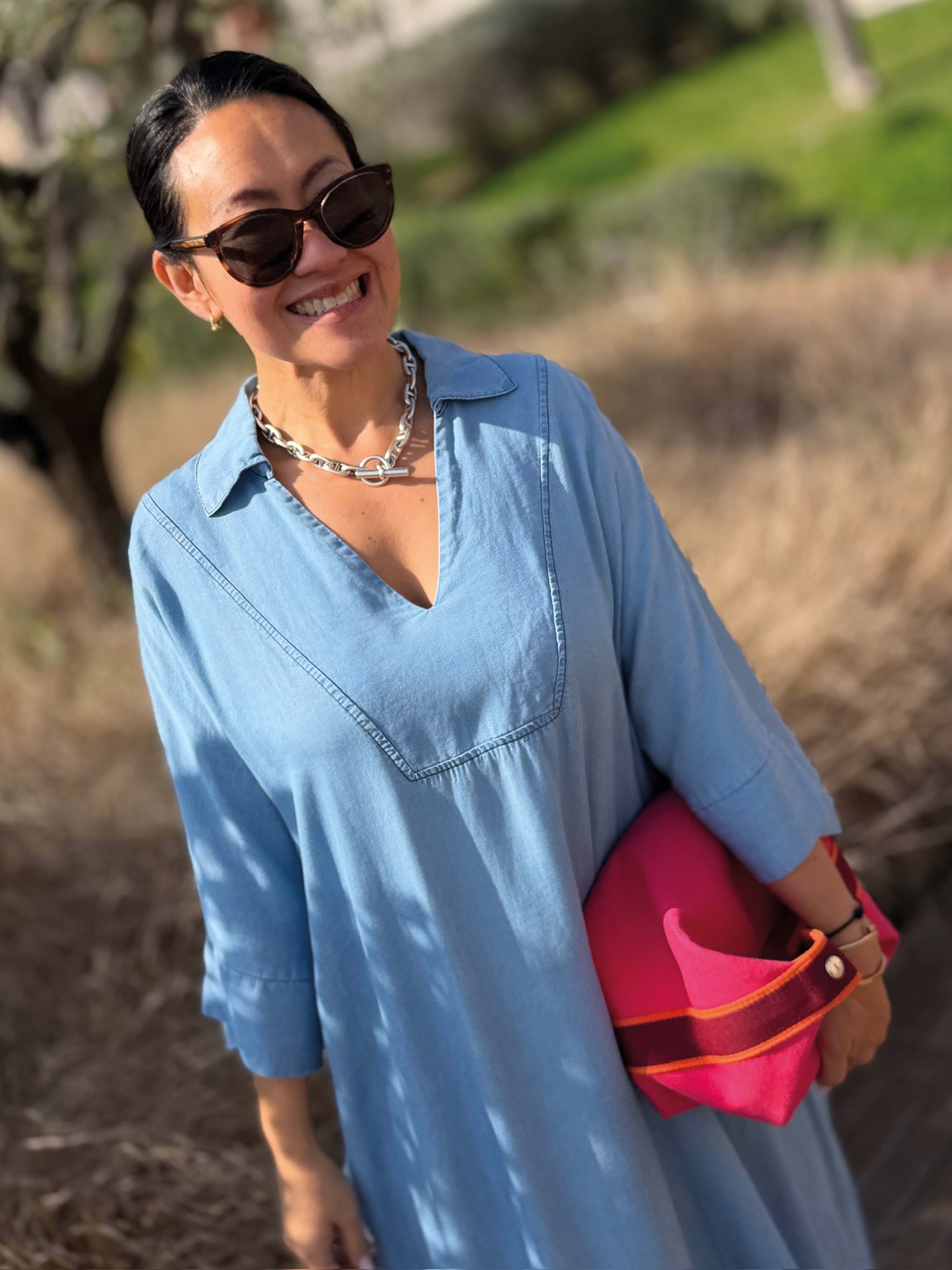 Lyocell Oversize Hemd Tunika Long - Blue