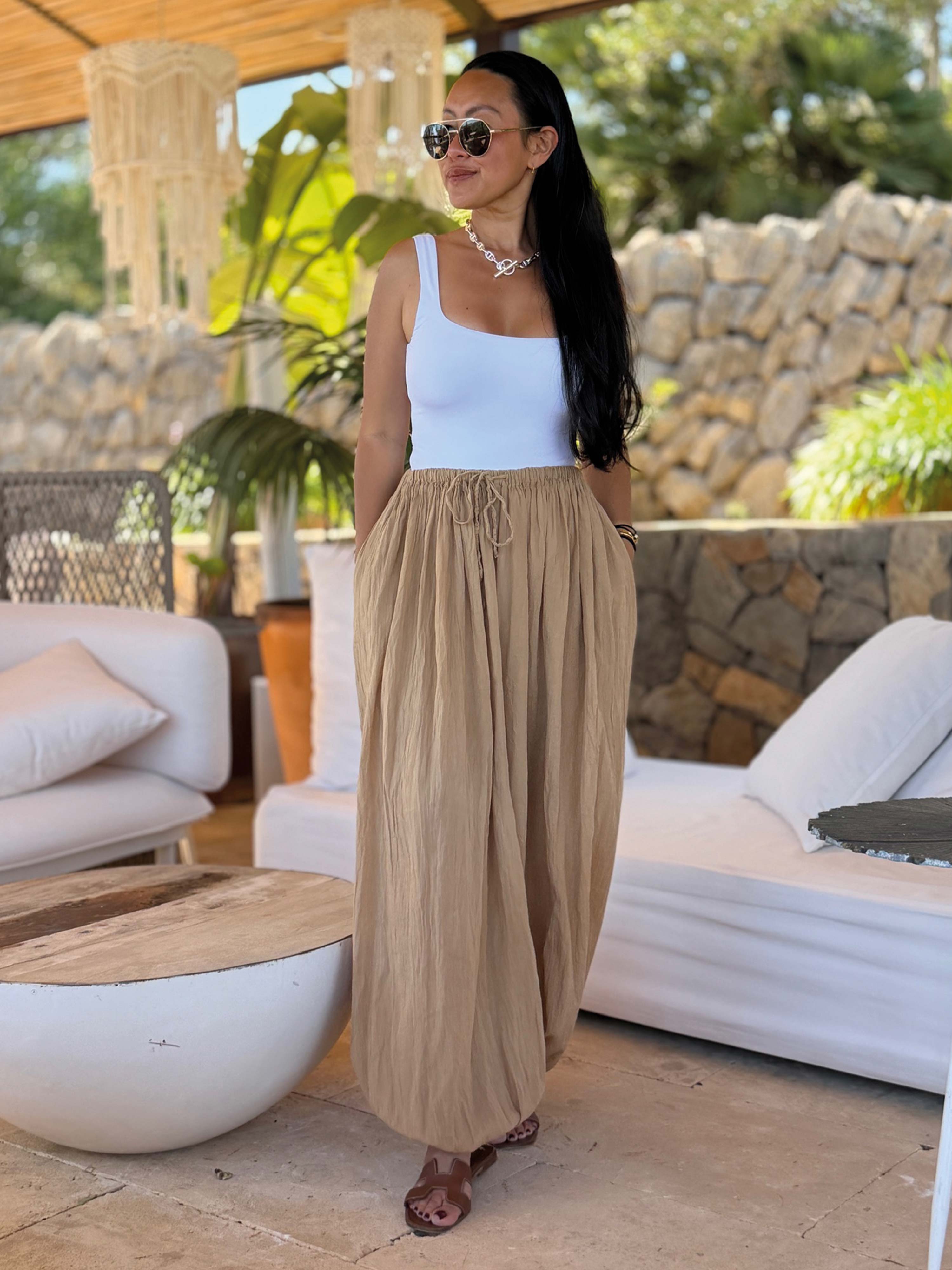 Leichte Palazzo Oversize Hose - BoHo - Camel