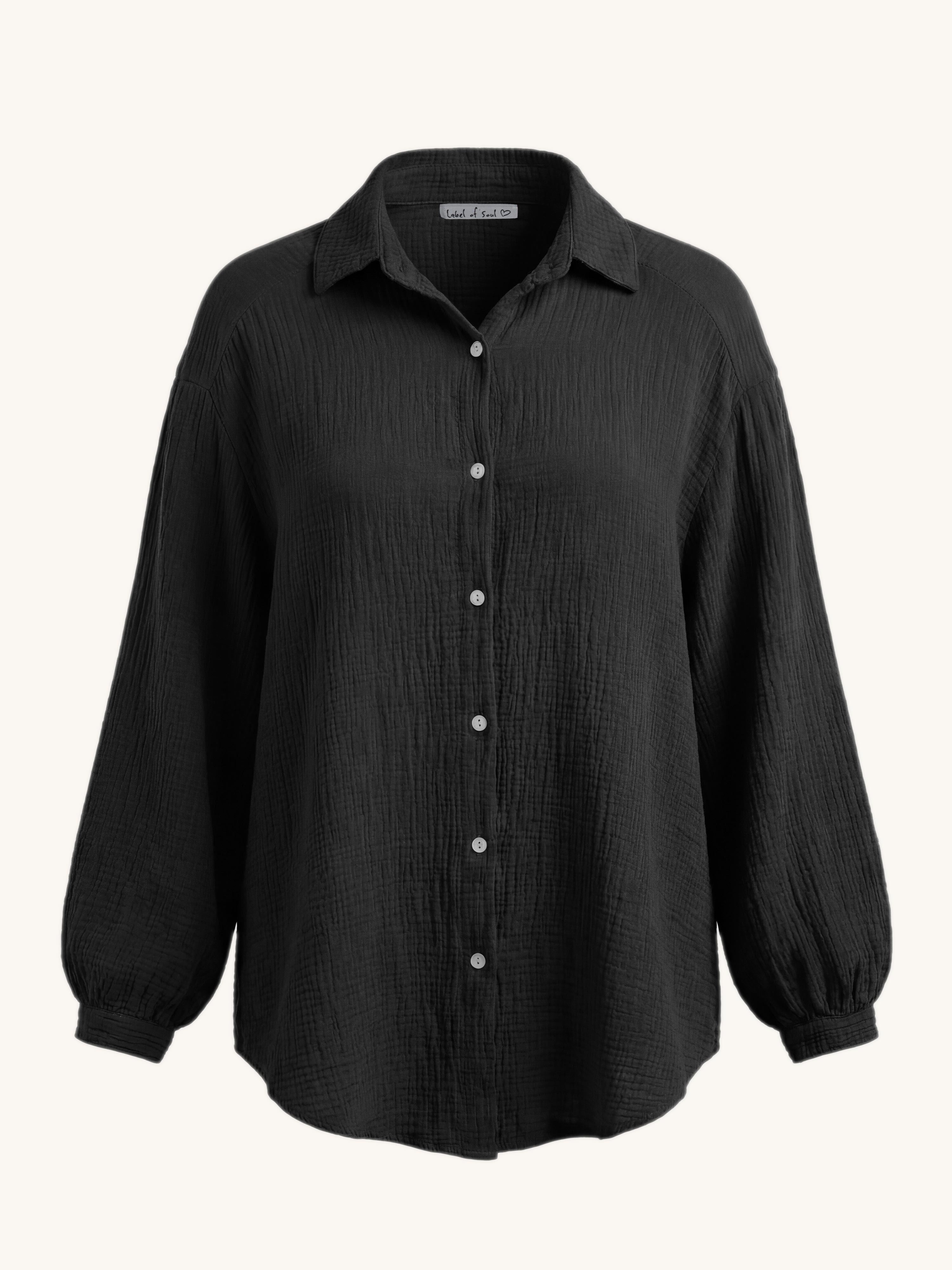 Musselin Midi Oversize Bluse - Schwarz