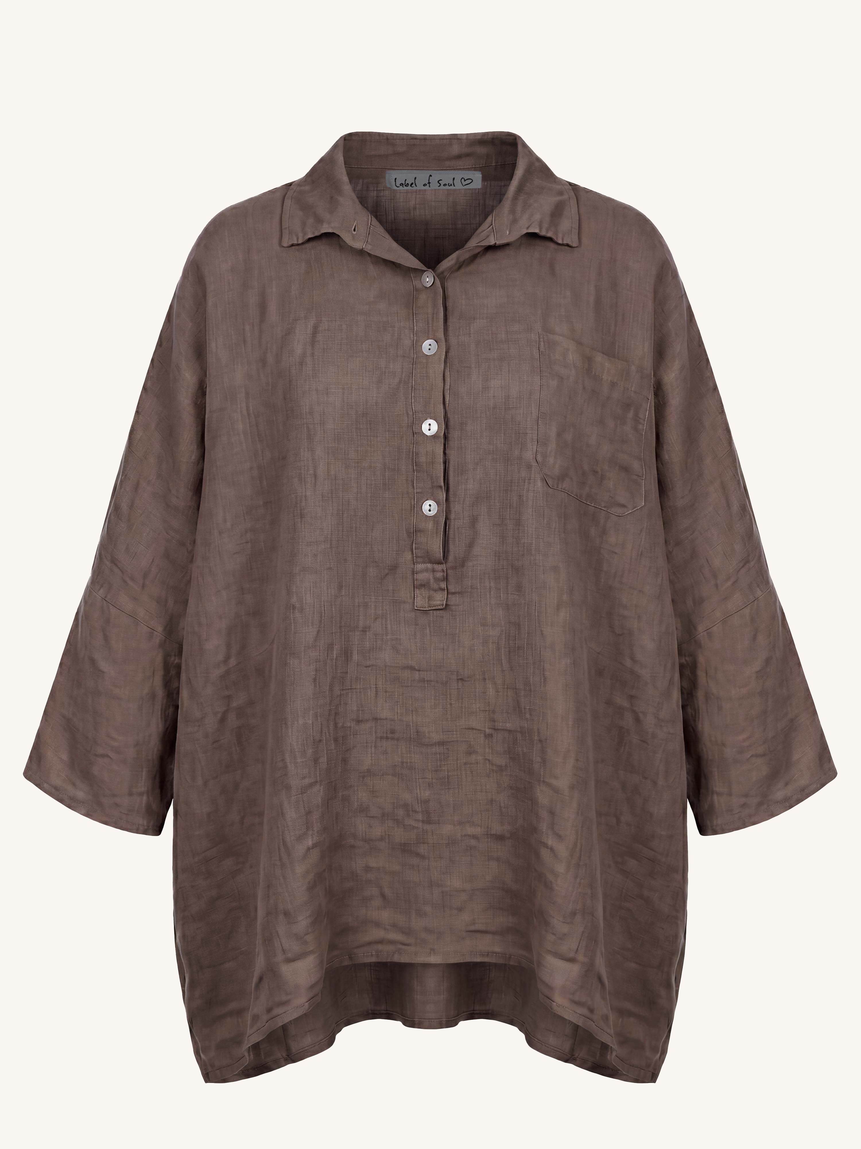Leinen Oversize Bluse mit Seitentaschen - Schoko