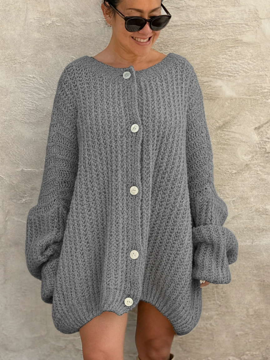 Oversize Bouclé Grob Strickjacke - Anthrazit