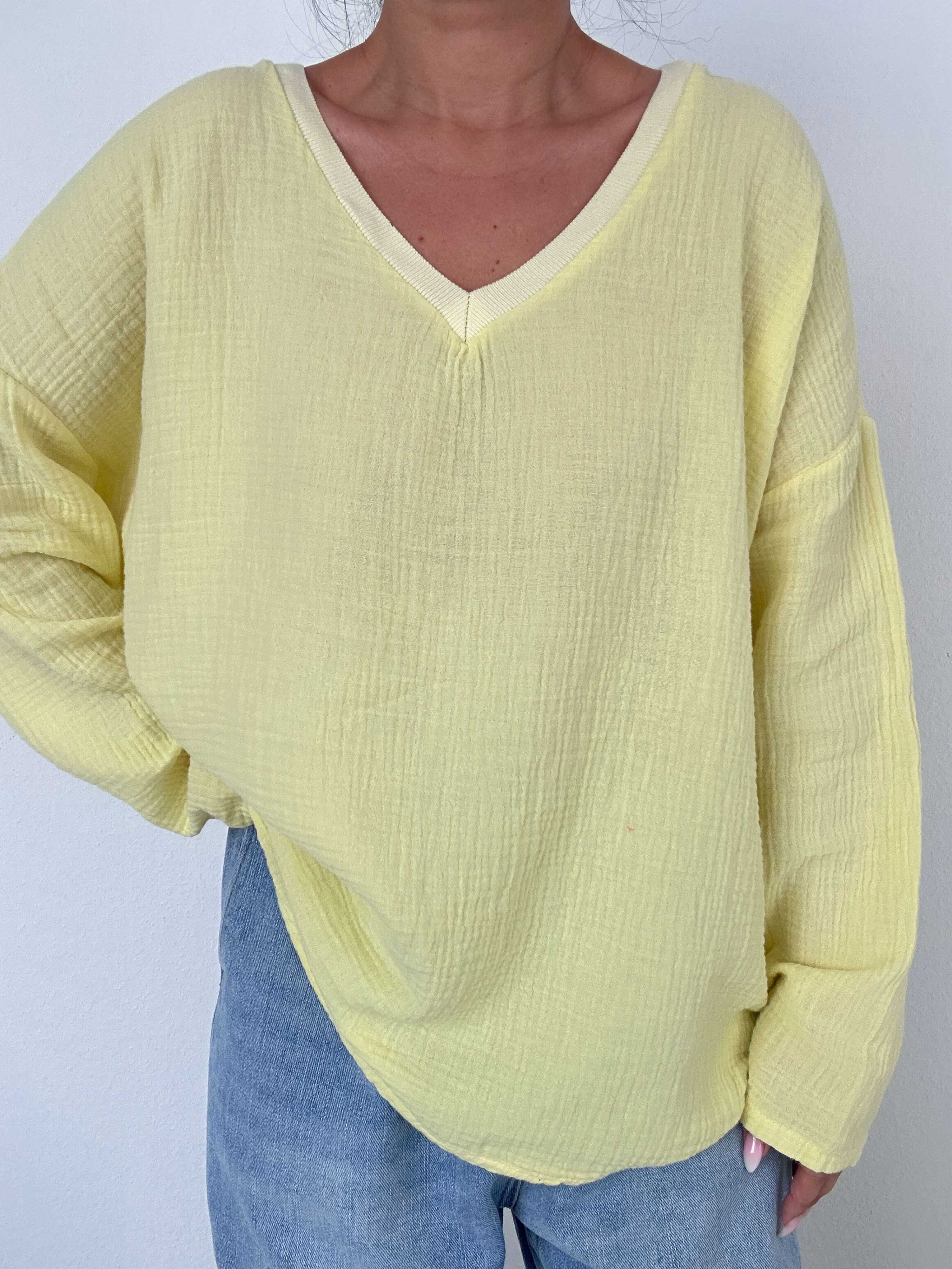 Musselin Sweatshirt mit V-Ausschnitt - Gelb Musselin Sweatshirt mit V-Ausschnitt - Gelb