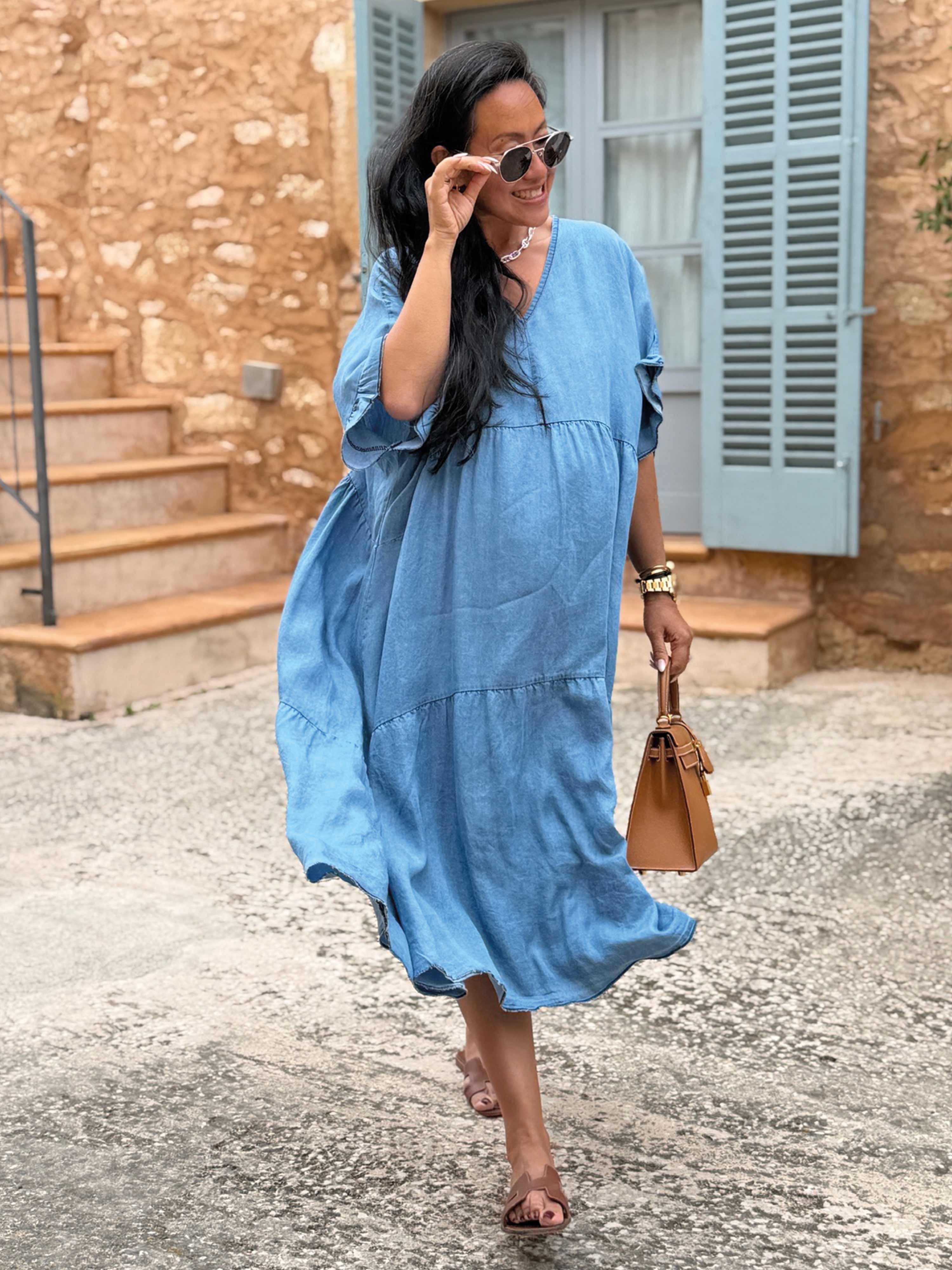 Leichte Lyocell Tunika Long mit V-Ausschnitt - Blue