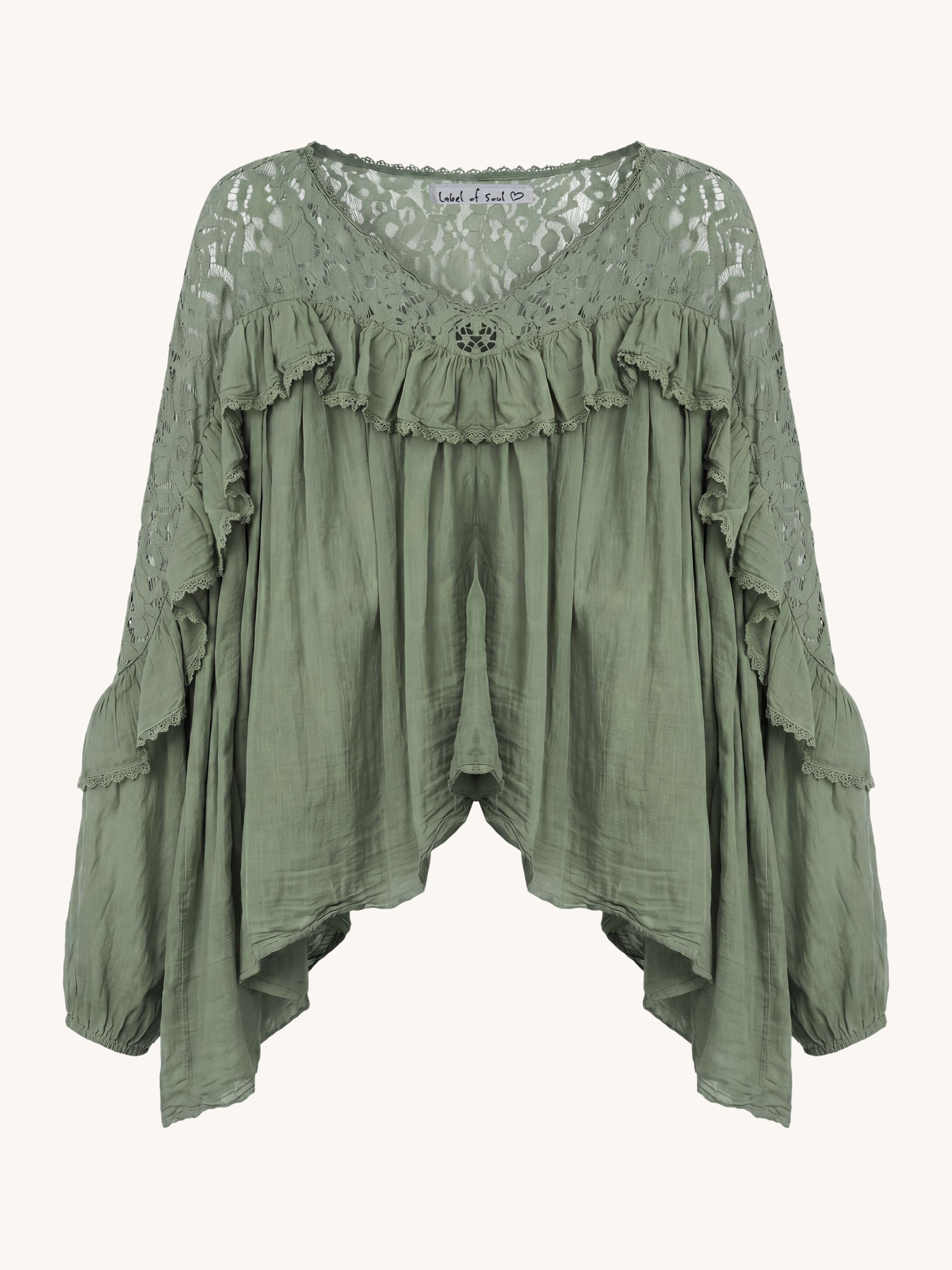 Leichte Oversize Bluse mit V-Ausschnitt - BoHo - Matcha