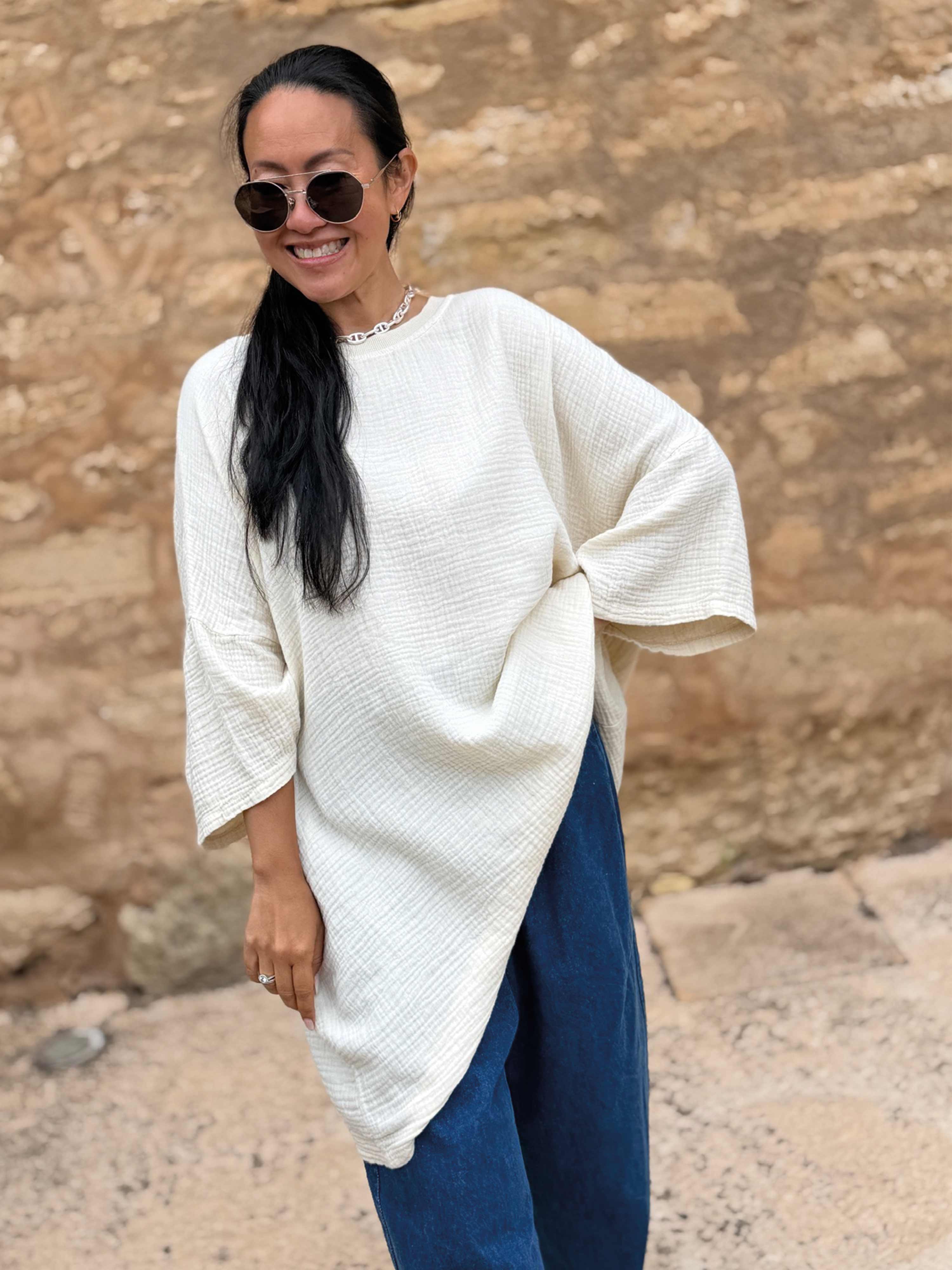 Musselin Oversize Kurzarm Shirt - Vanille