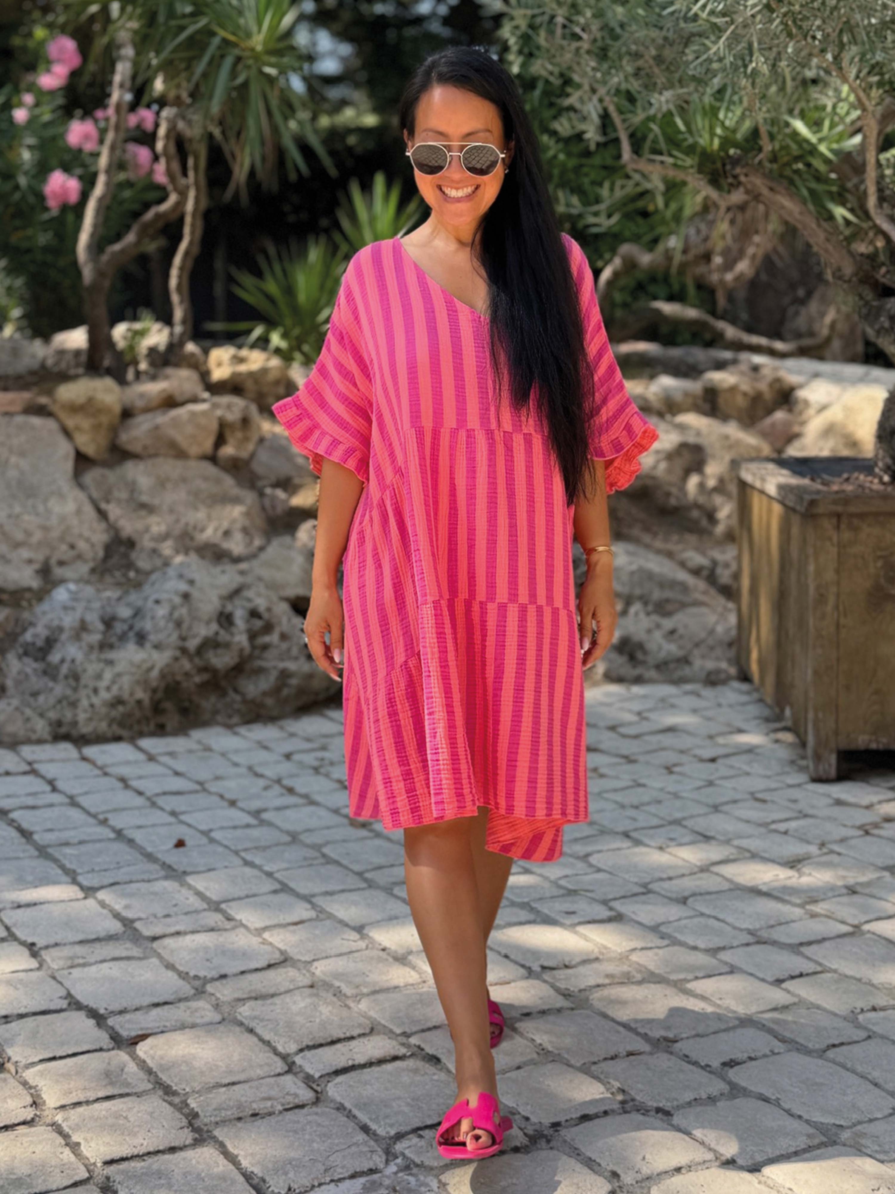 Musselin Tunika Midi mit V-Ausschnitt - STRIPES Flamingo Kiss