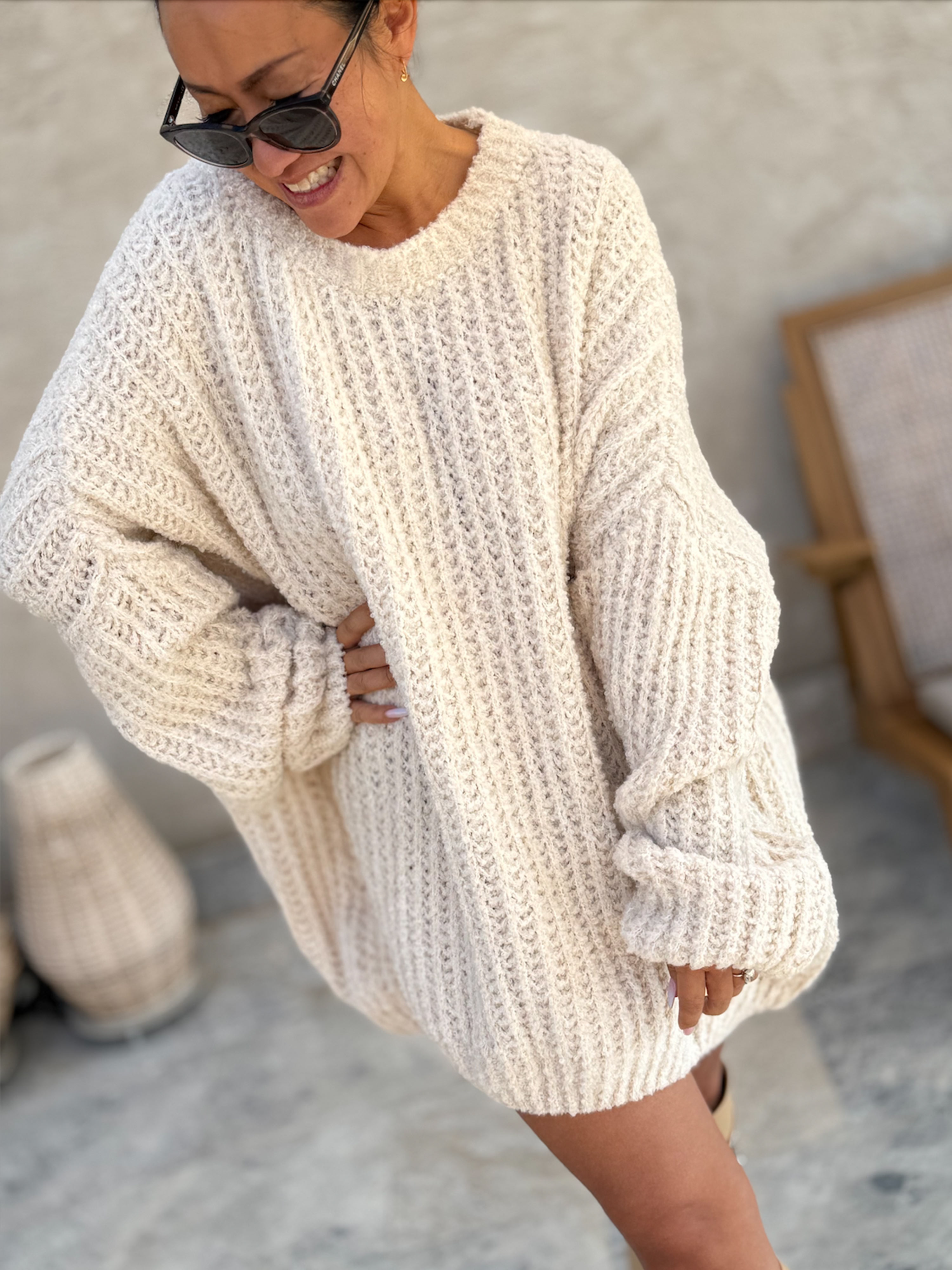 Oversize Bouclé Grob Strickpullover - Creme