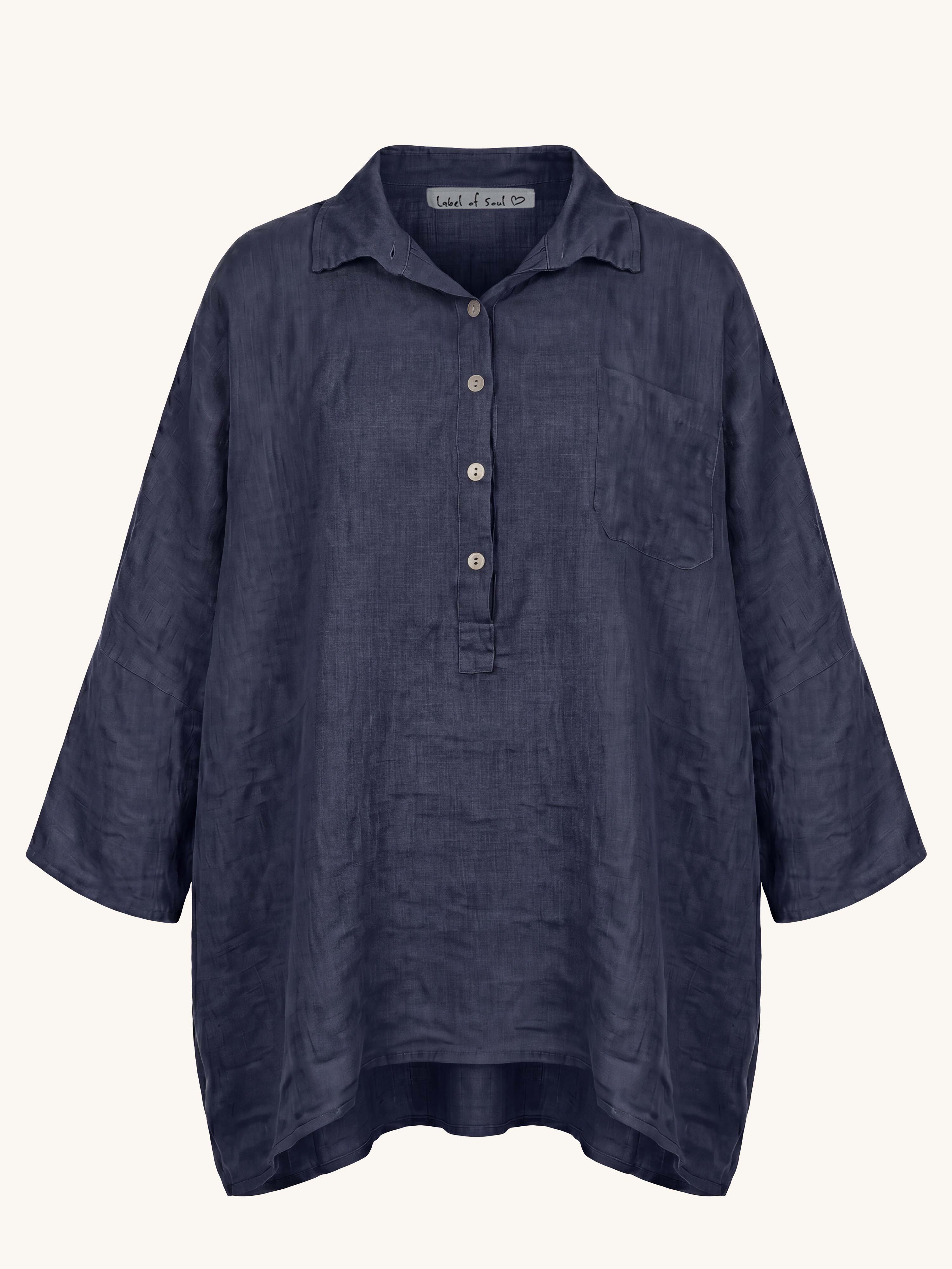 Leinen Oversize Bluse mit Seitentaschen - Navy