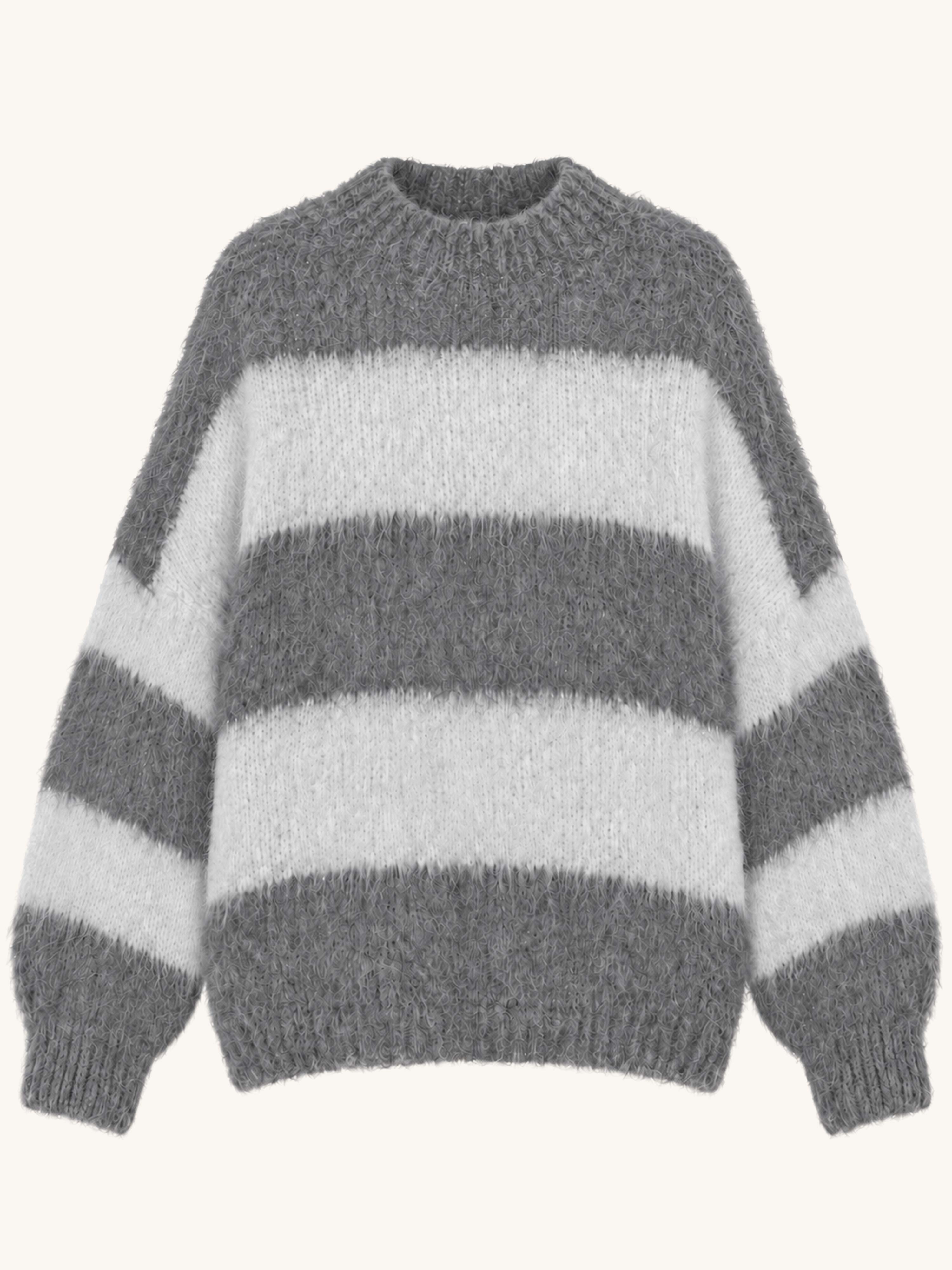 Oversize Strickpullover mit Stehkragen FLUFFY - STRIPES - Grau/Anthrazit